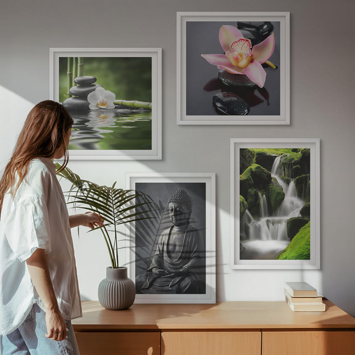 WANDBILDER 4er-Set - 50x50 cm & 40x60 cm Weißer Rahmen - Zen-Gemälde, Wassersteine, Buddha - Weiß, Kunststoff (50/50cm) - ArtPrintCave