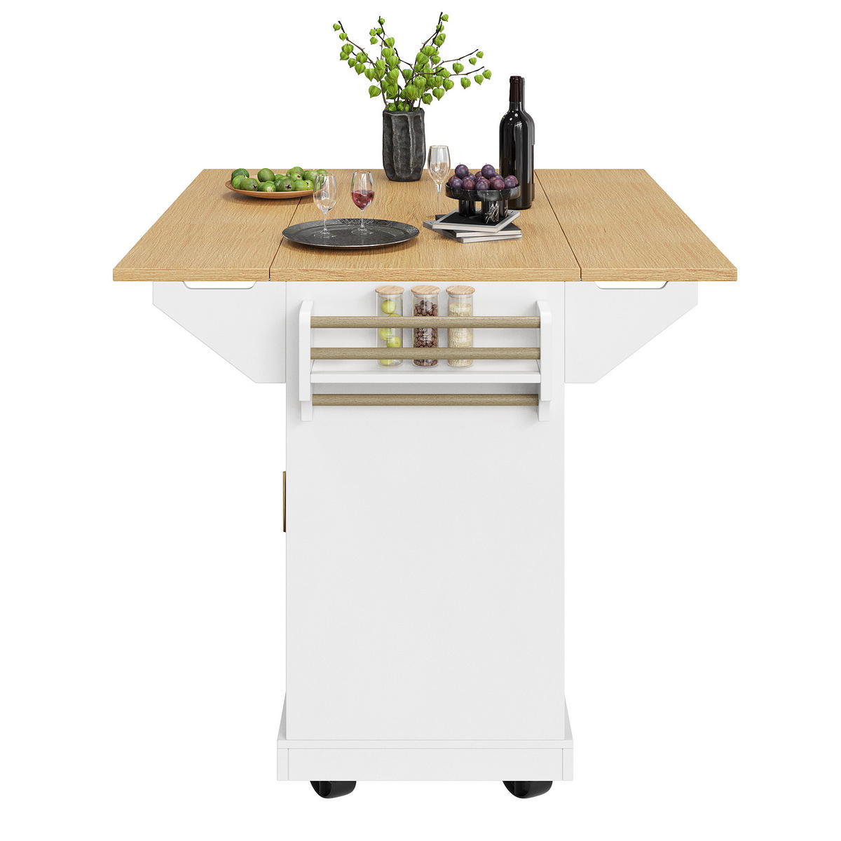 KÜCHENINSEL 120x80x95cm weiß/Holzoptik mit Klapptisch & 5 Rollen - Weiß, Holzwerkstoff (120/95/80cm) - Modfu