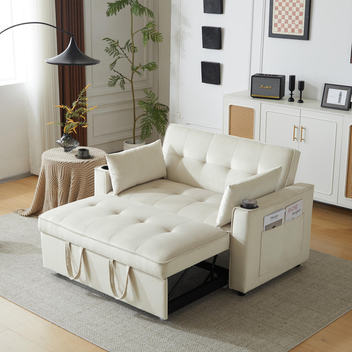 SCHLAFSOFA Multifunktion mit Getränkehalter und 2 Kissen Samt Beige 137/76,5/83 cm - Beige, Textil (137/83/76.5cm) - OKWISH