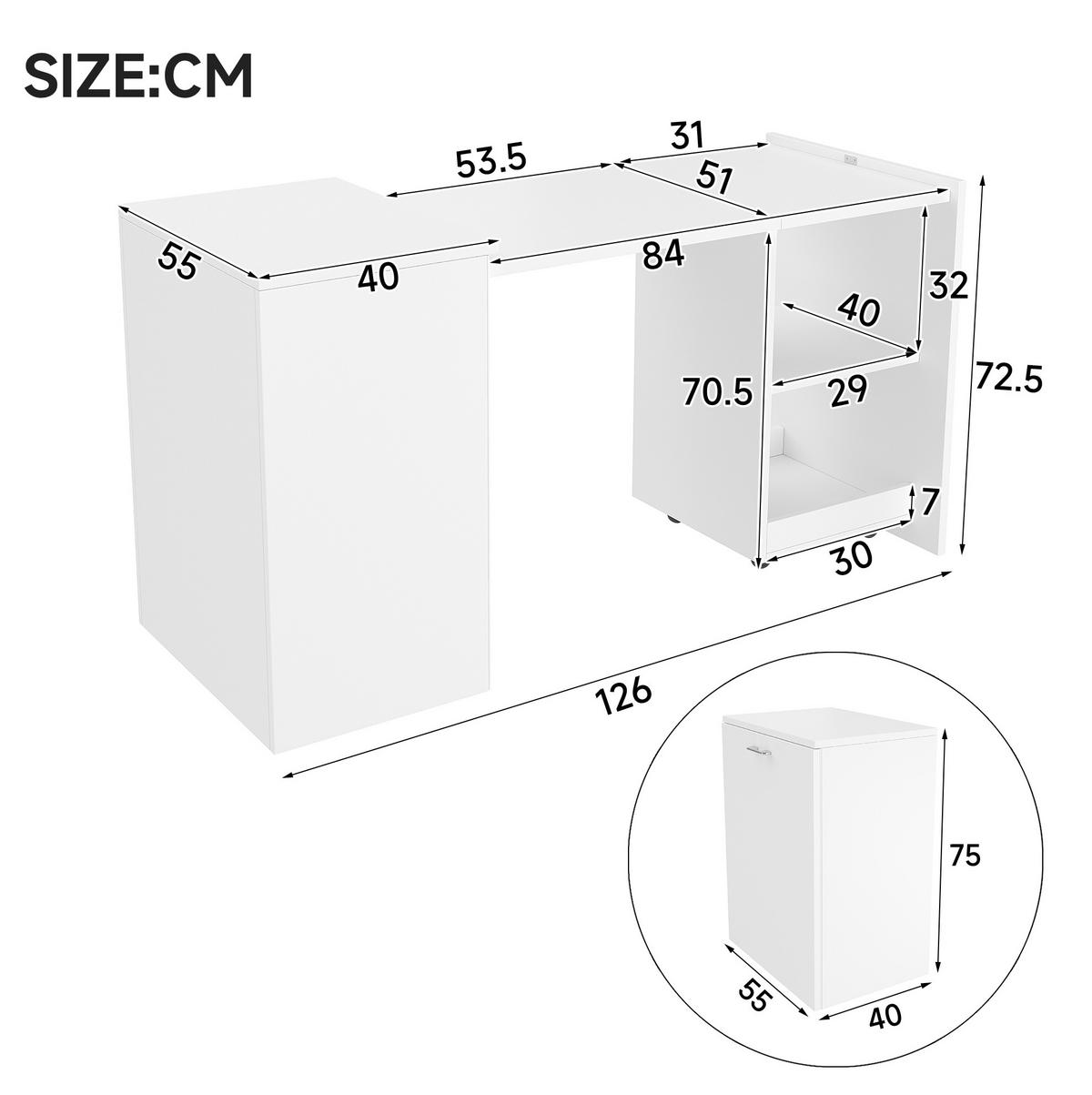 KLAPPTISCH 2-in-1 126 x 55 x 75 cm Weiß mit 4 offenen Fächern - Weiß, Holz (126/55/75cm) - Meubliv