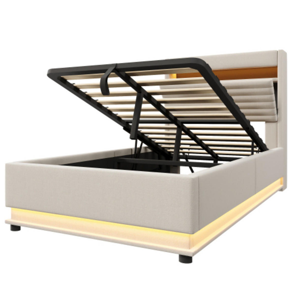 POLSTERBETT beige 218×92,5×113 cm aus Leinen-Stoff mit Hydraulik-Stauraum, doppelte LED-Leisten - Beige, Textil (90/200cm) - Luhomfu