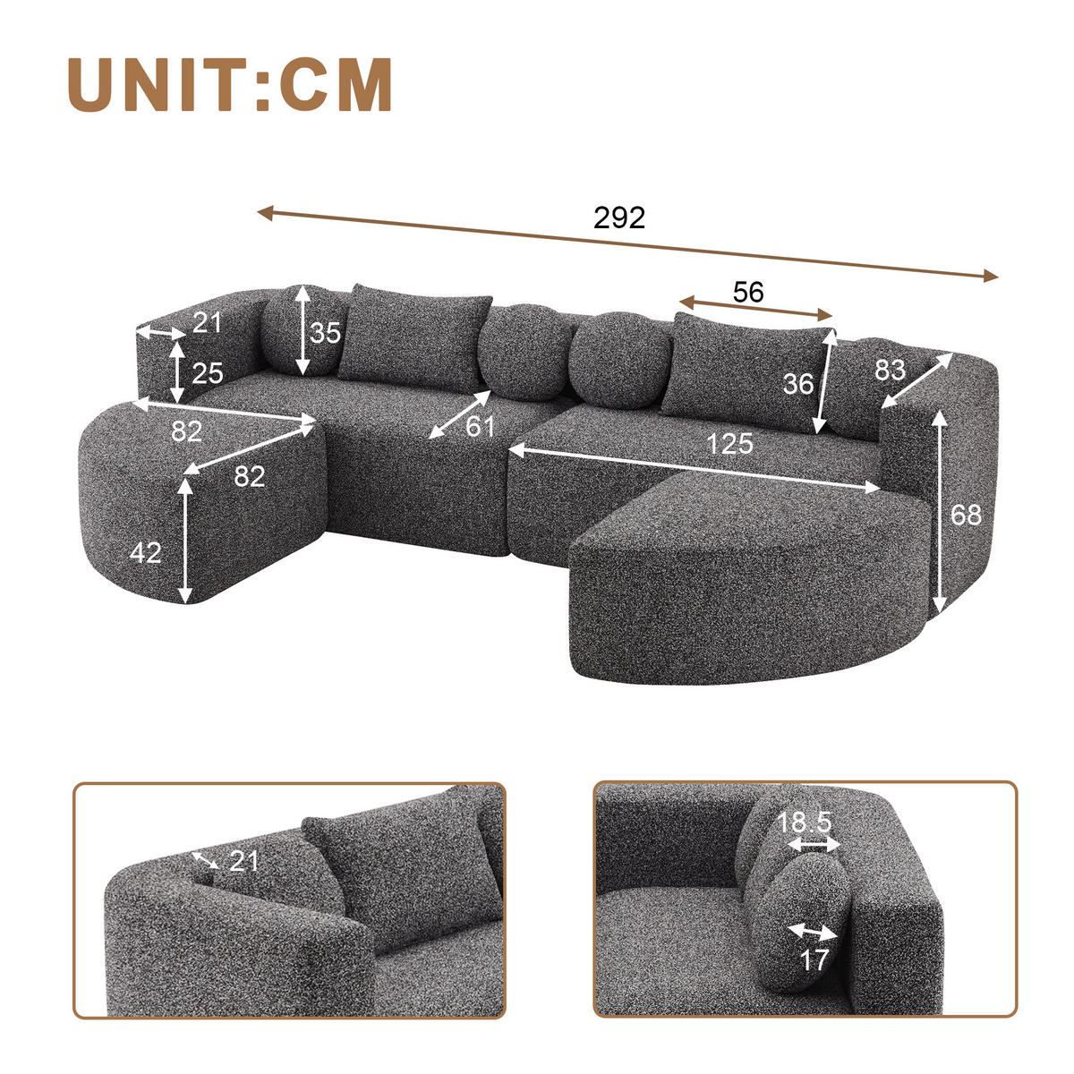 SCHLAFCOUCH aus Chenille in Grau Modulares Design & Ohne Montage - Schwarz, Textil (165/68/292cm) - Urban Meuble