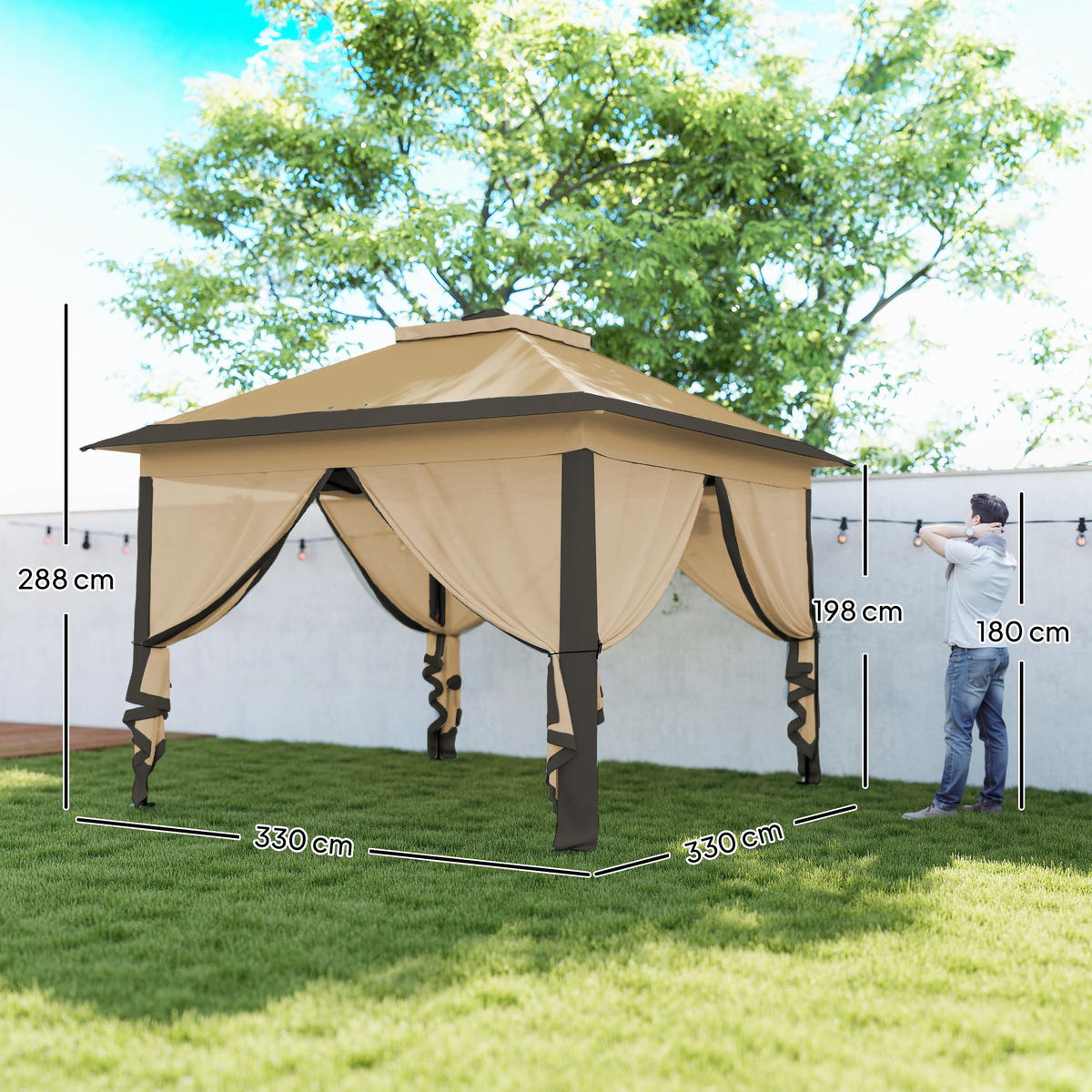 PAVILLON 3,3x3,3m, wasserabweisend Stabil Winterfest Pop-up Faltpavillon Beige - Beige, Metall (330/288/330cm) - Outsunny