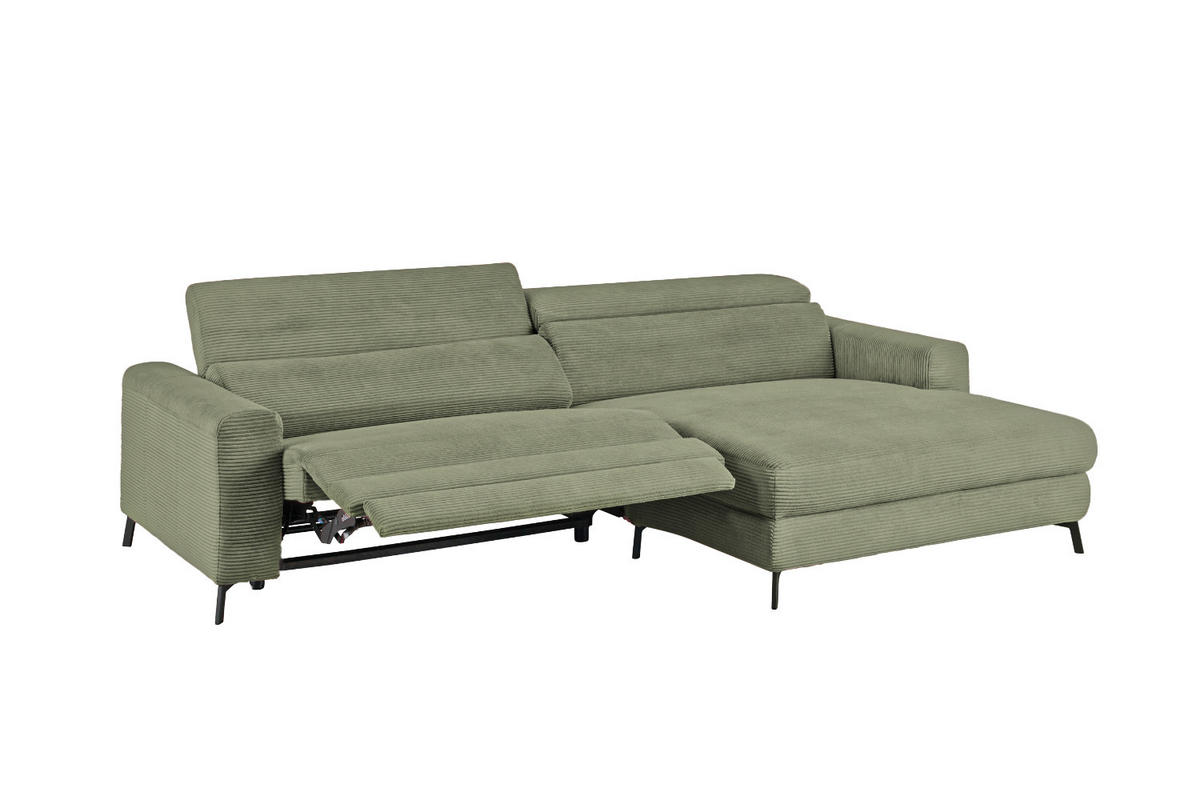 ECKSOFA LAISKA Grün Cord Relaxfunktion - Schwarz/Olivgrün, Textil/Metall (282/177cm) - KAWOLA
