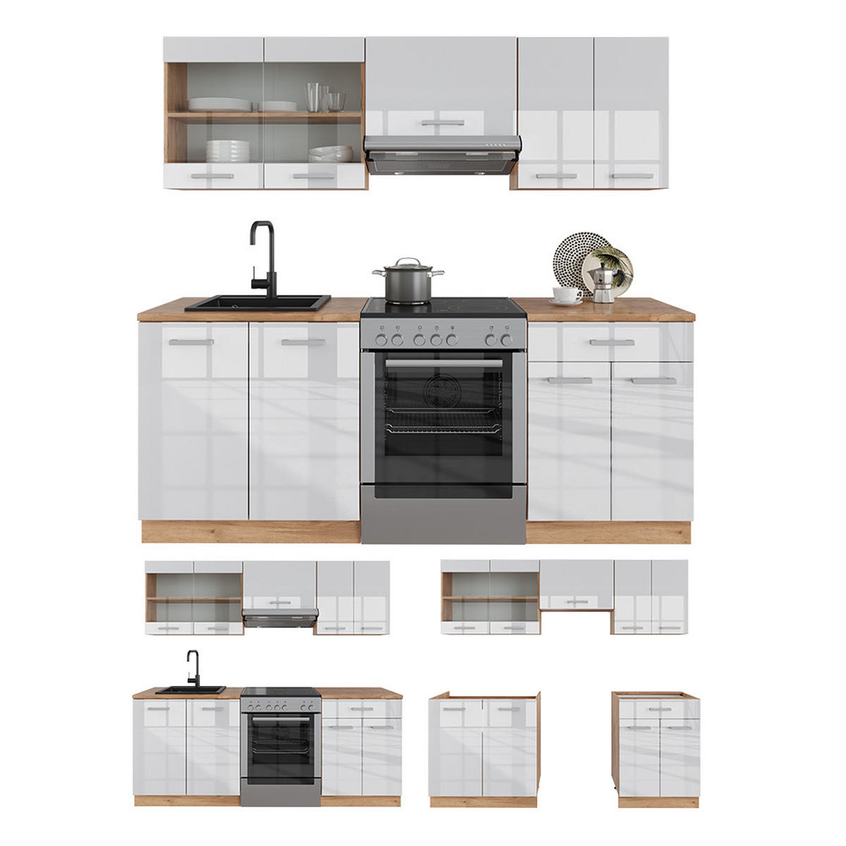 KÜCHENZEILE R-Line Weiß Hochglanz/Goldkraft Eiche 200 cm, AP Marmor - Weiß Hochglanz/Eiche Wotan, Holzwerkstoff (200/81.6/60cm) - Vicco