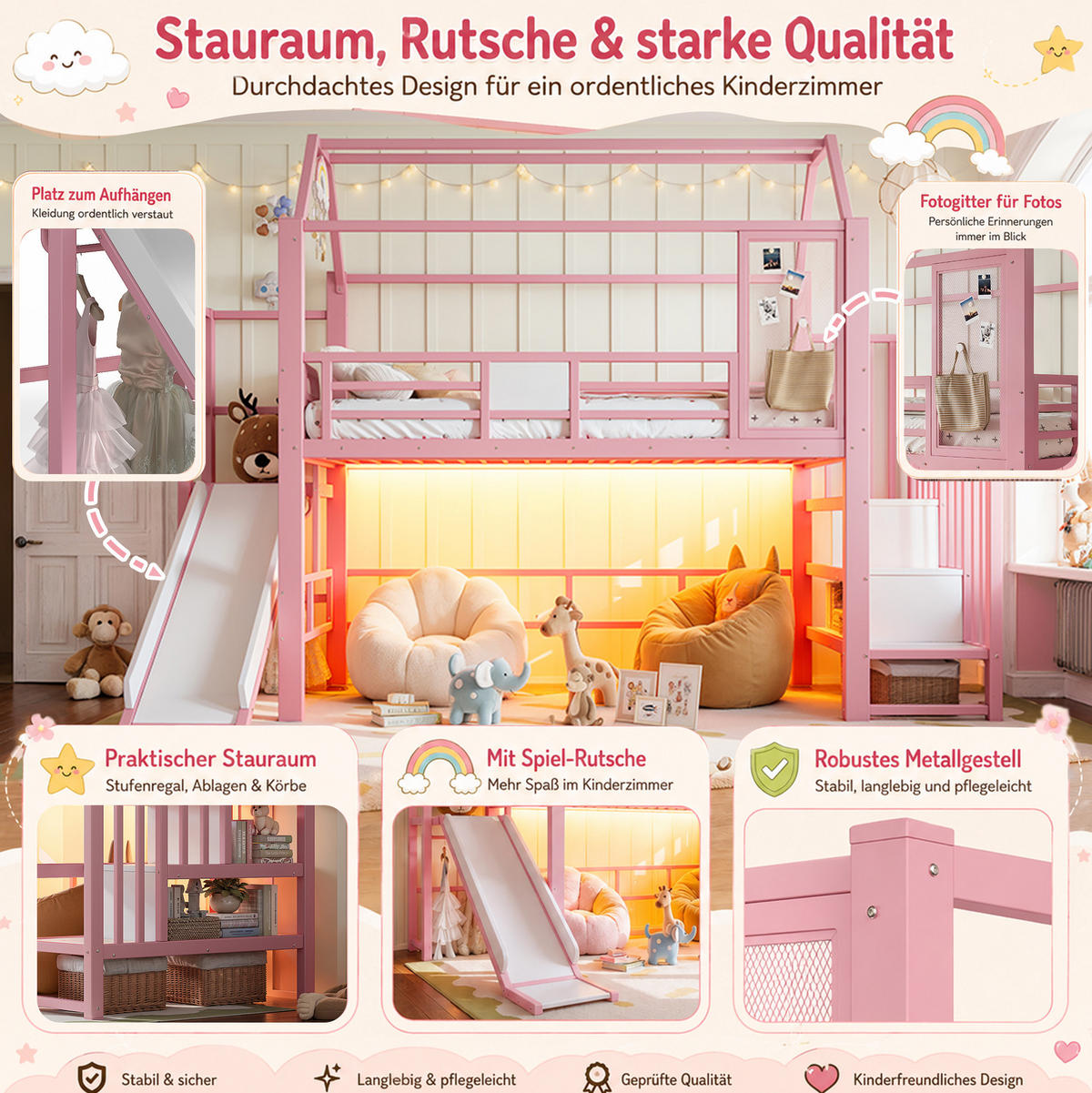KINDERHOCHBETT MDF & Metall 90x200 cm Pink mit Rutsche, Treppe und LED-Beleuchtung im Hausdesign - Pink, Holzwerkstoff (90/200cm) - Modfu