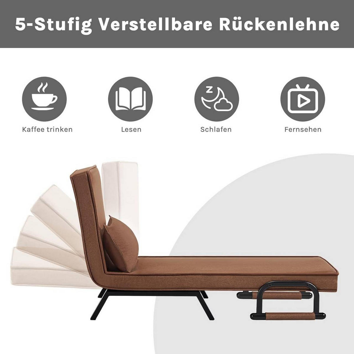 SCHLAFSESSEL 3 in 1, mit Verstellbarer Rückenlehne, Leinen Braun - Schwarz/Braun, Textil/Metall (65/78/75cm) - Woltu