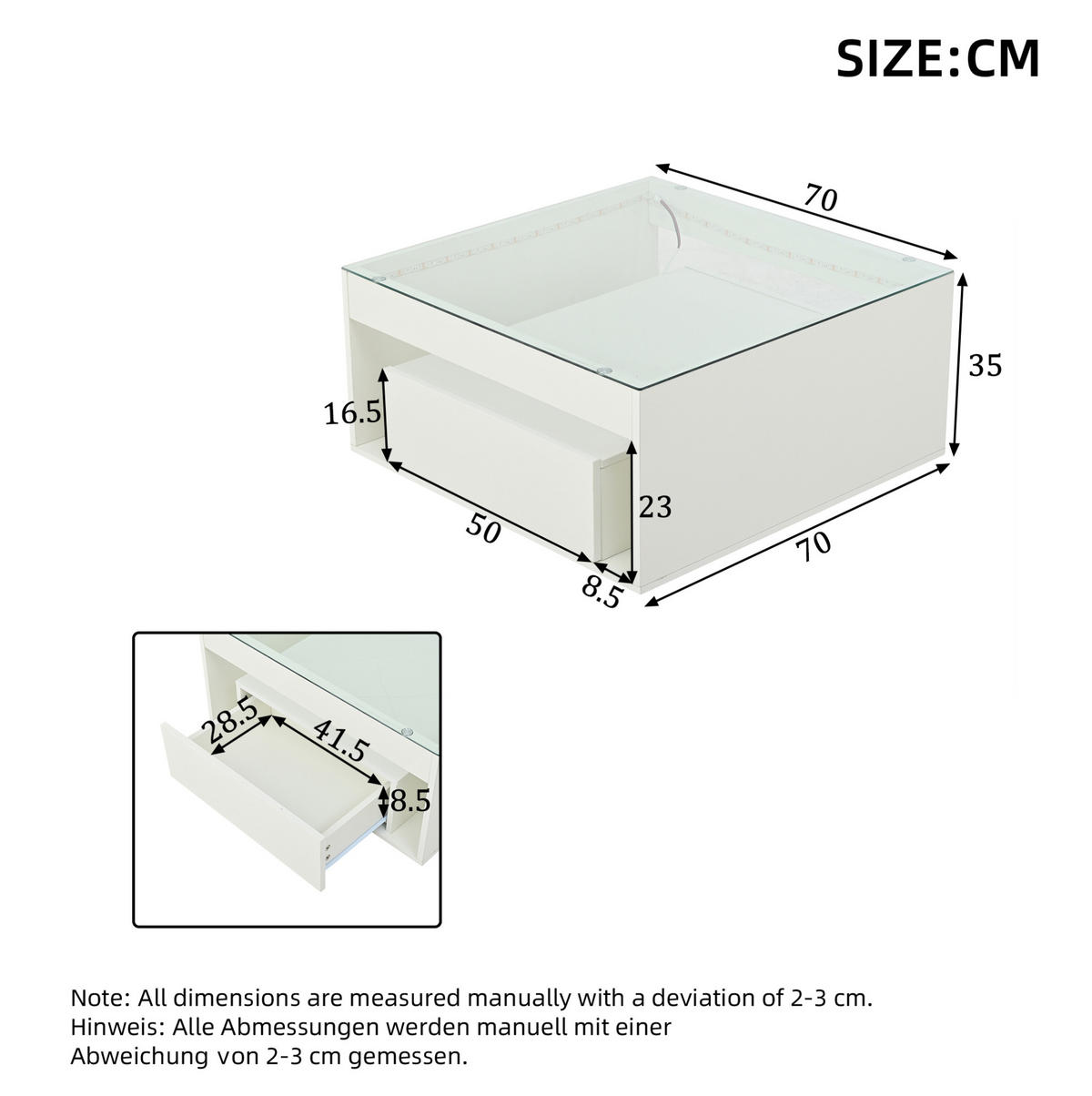 COUCHTISCH aus MDF und gehärtetem Glas 70x70x35 cm in Weiß mit LED & 2 Schubladen - Weiß, Holzwerkstoff (70/70/35cm) - Modfu