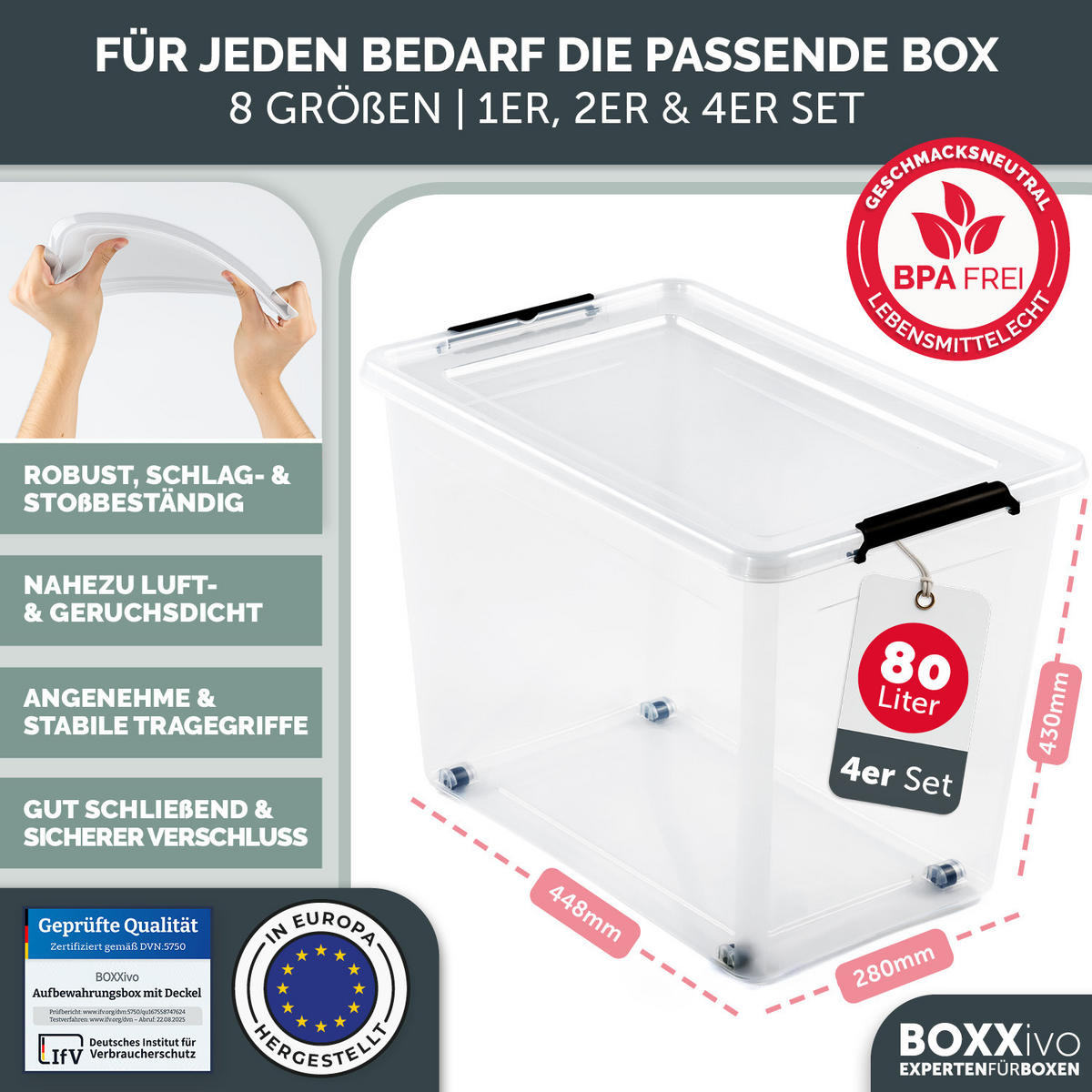 ÚLOŽNÉ boxy s víkem 80 l v sadě po 4 ks - průhledná, plast (39/43/58cm) - BOXXivo