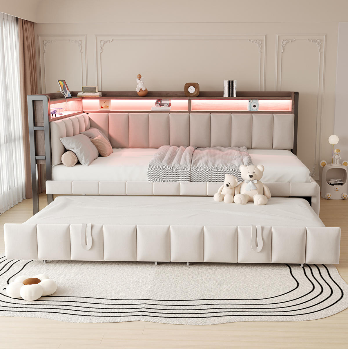 POLSTERBETT Schlafsofa aus Samt 90x200 cm Beige mit Ausziehbett, LED-Beleuchtung, USB- und Typ-C-Anschlüssen - Beige, Textil (90/200cm) - Modfu