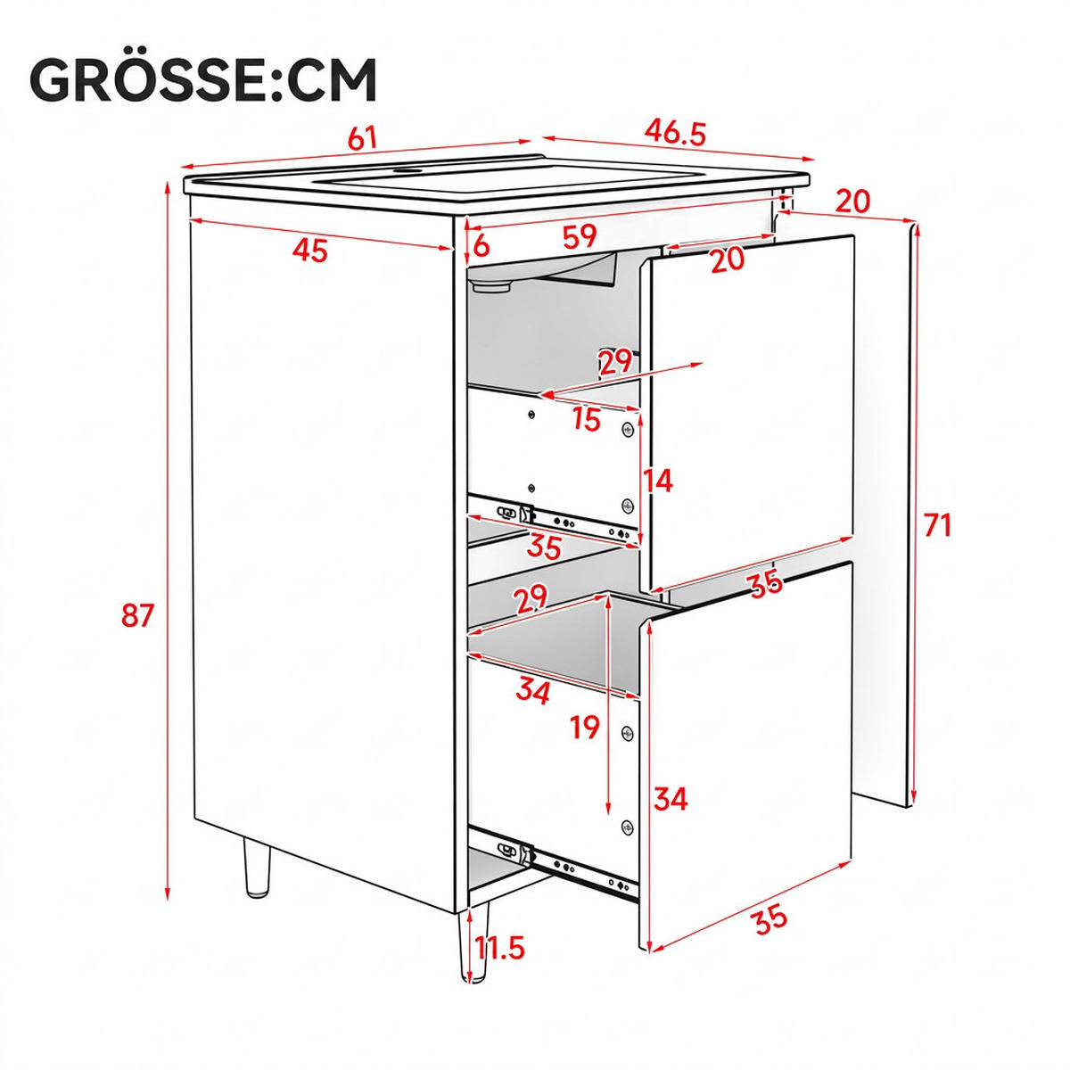 WASCHTISCHKOMBI 61/46.5/87 cm Weiß mit 2 Schubladen, ohne Wasserhahn - Weiß, Holz/Holzwerkstoff (46.5/87/61cm) - Oxeza