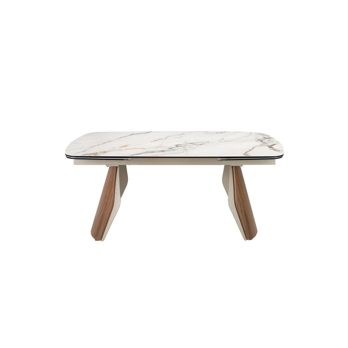 ESSTISCH Ovaler ausziehbarer Esstisch in Fassform aus Porzellan-Marmor, metallisch sandfarbenem Stahl und Nussbaumholz Ø180/100/76 cm - Sandfarben/Walnussfarben, Stein/Metall (100/180/76cm) - ANGEL CERDA