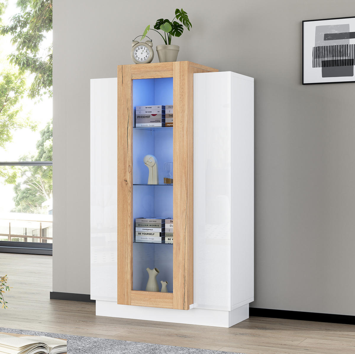 STANDVITRINE 74/40/120 cm weiß/natur aus Spanplatte mit LED - Weiß, Holzwerkstoff (74/120/40cm) - OKWISH