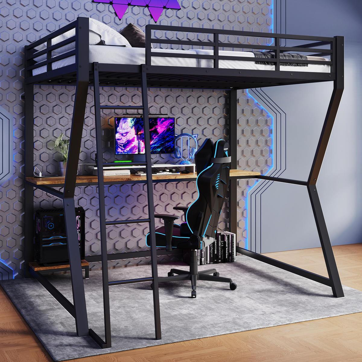 HOCHBETT 140x200cm Schwarz LED-Licht Computerablage Schreibtisch USB - Schwarz, Metall (140/200cm) - FLIEKS