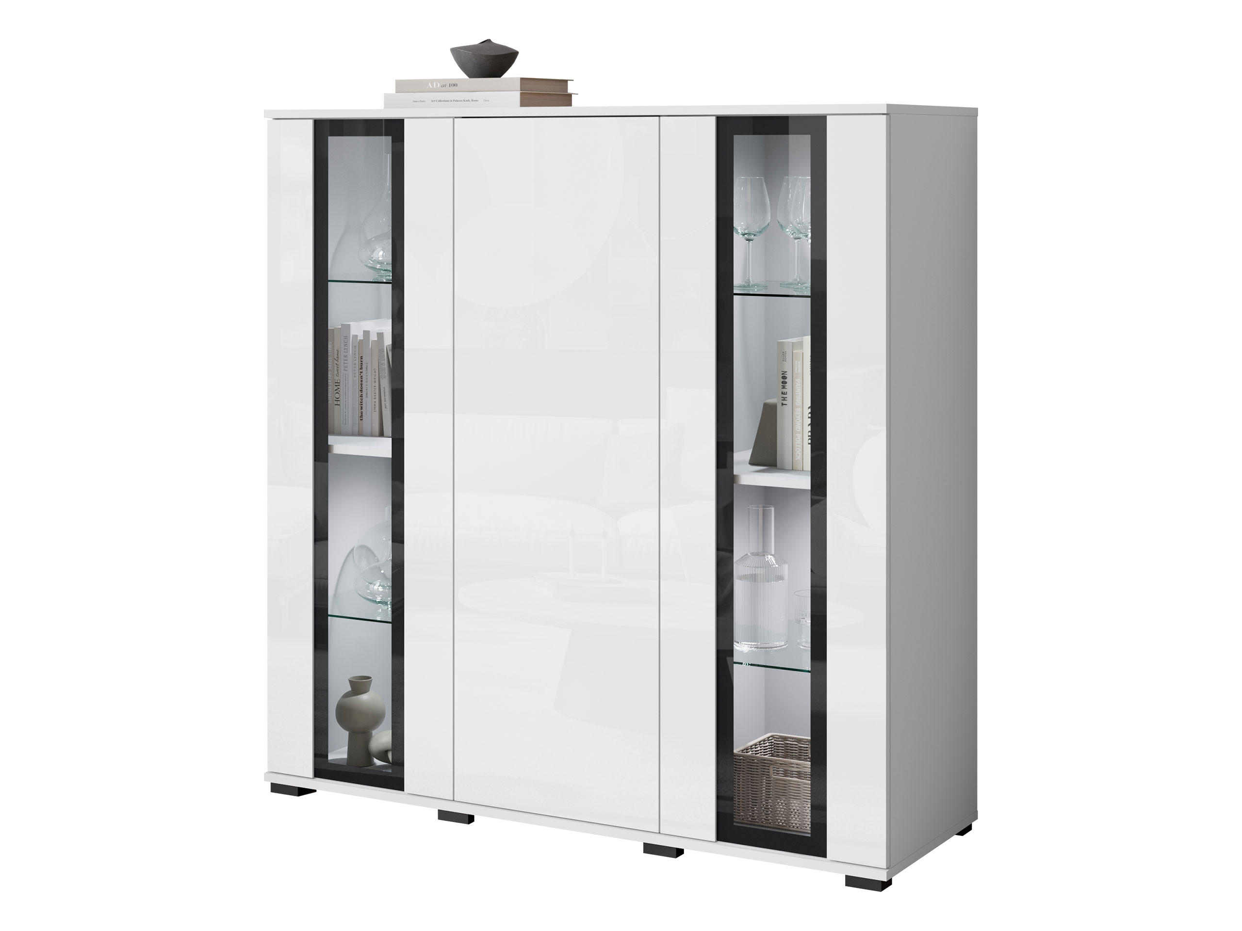 KOMMODE Caro HB 120 mit weißer LED Beleuchtung - Schwarz/Weiß, Holzwerkstoff/Kunststoff (120/122/40cm) - MIRJAN24