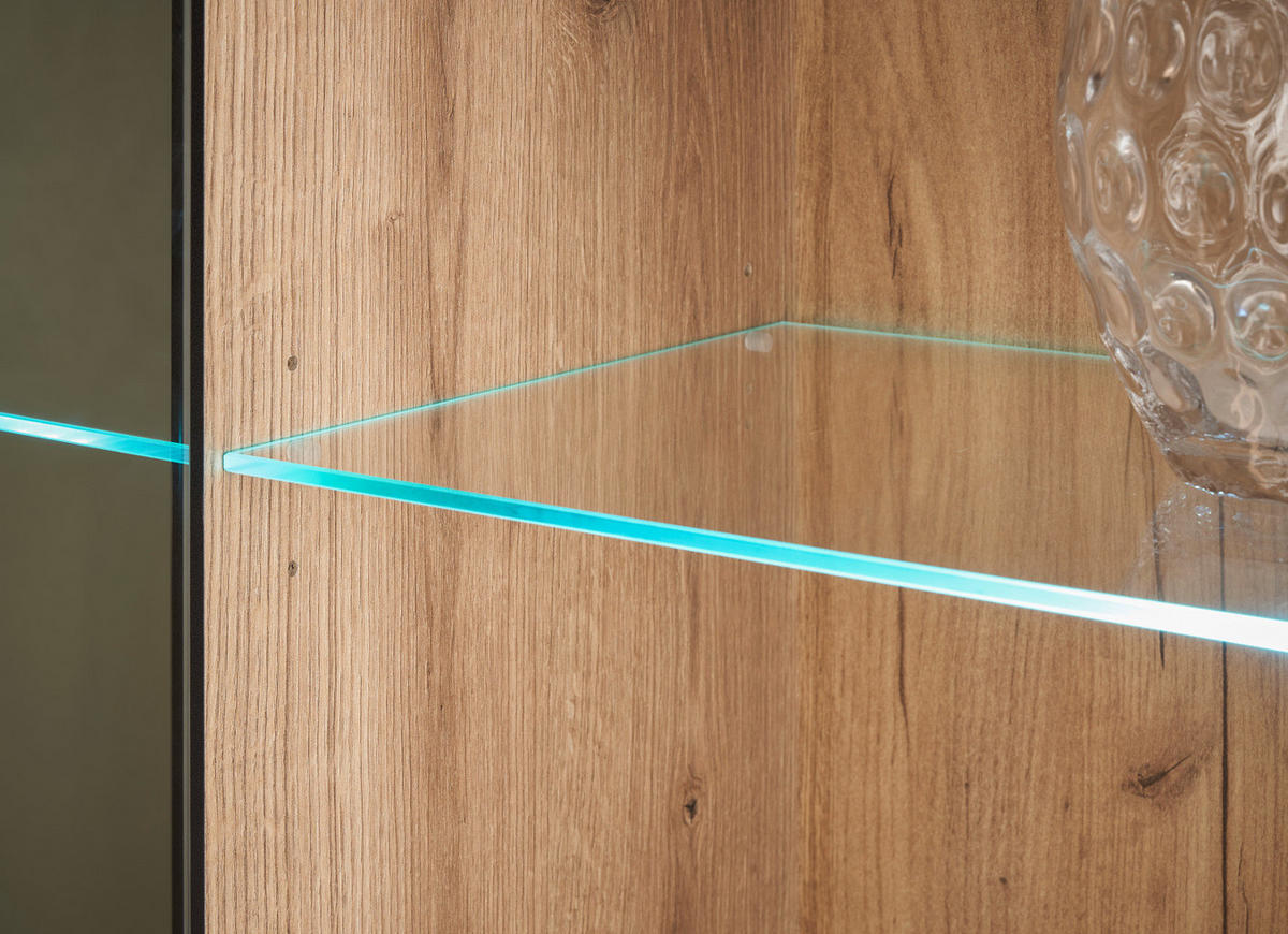 HIGHBOARD Eiche Evoke, Anrichte 160 cm mit Beleuchtung - Eichefarben/Schwarz, Glas/Holzwerkstoff (160/126/42cm) - Furn.Design