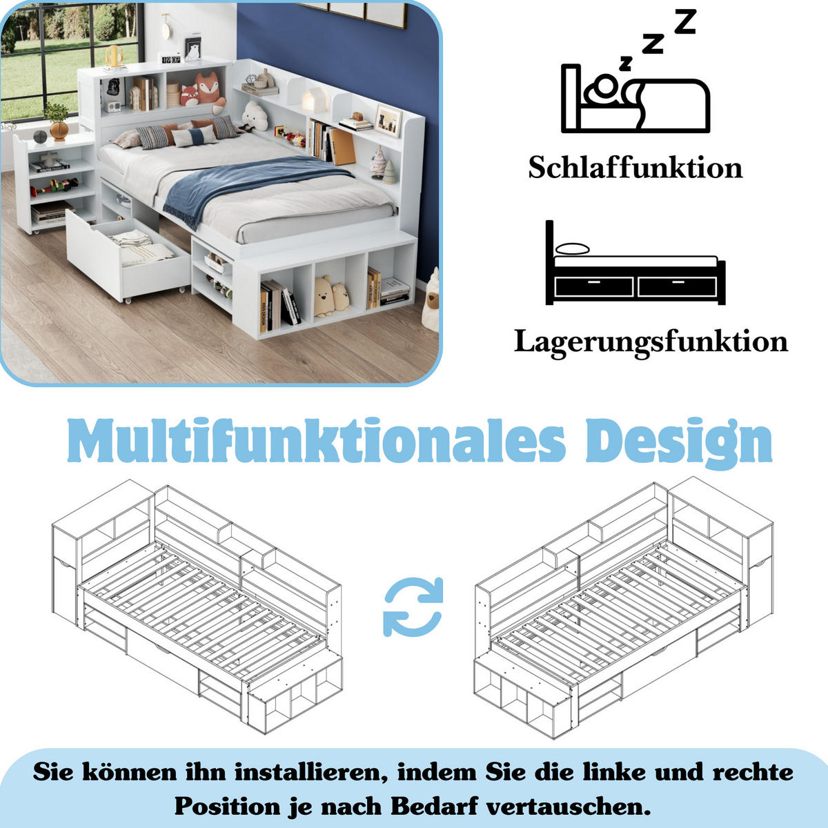KINDERBETT 90/190 cm in Weiß aus Sperrholz mit Schubladen und Regalen - Weiß, Holz (90/190cm) - OKMYHOME