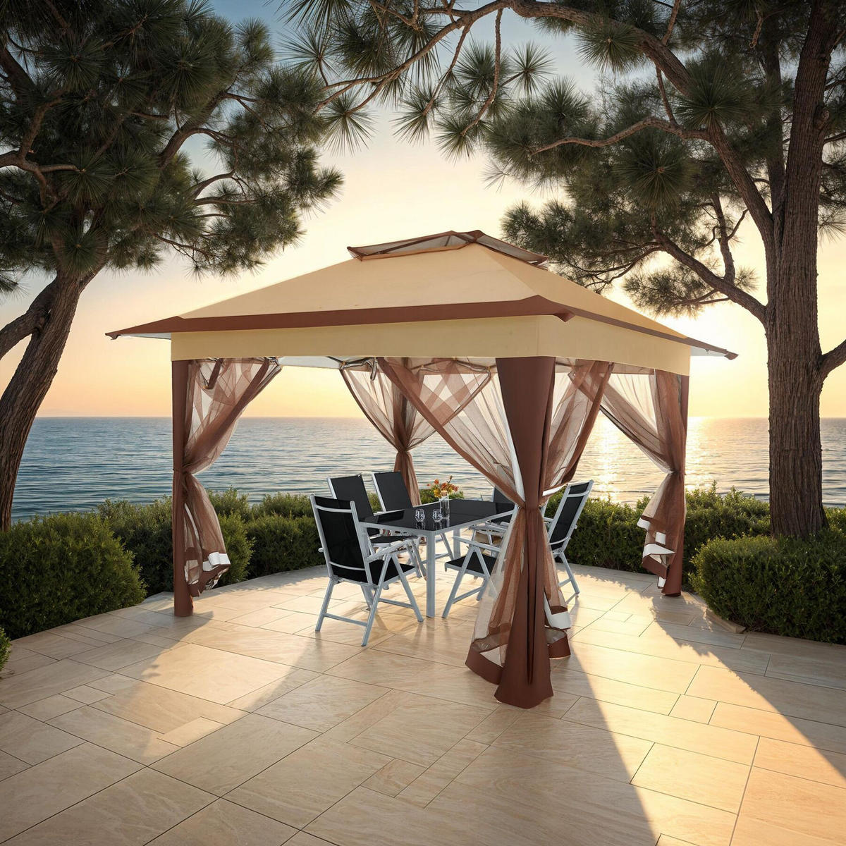 FALTPAVILLON Carabobo,inklusive Spannseile, Heringe sowie Transporttasche,braun - Braun, Kunststoff (364/294/364cm) - tectake