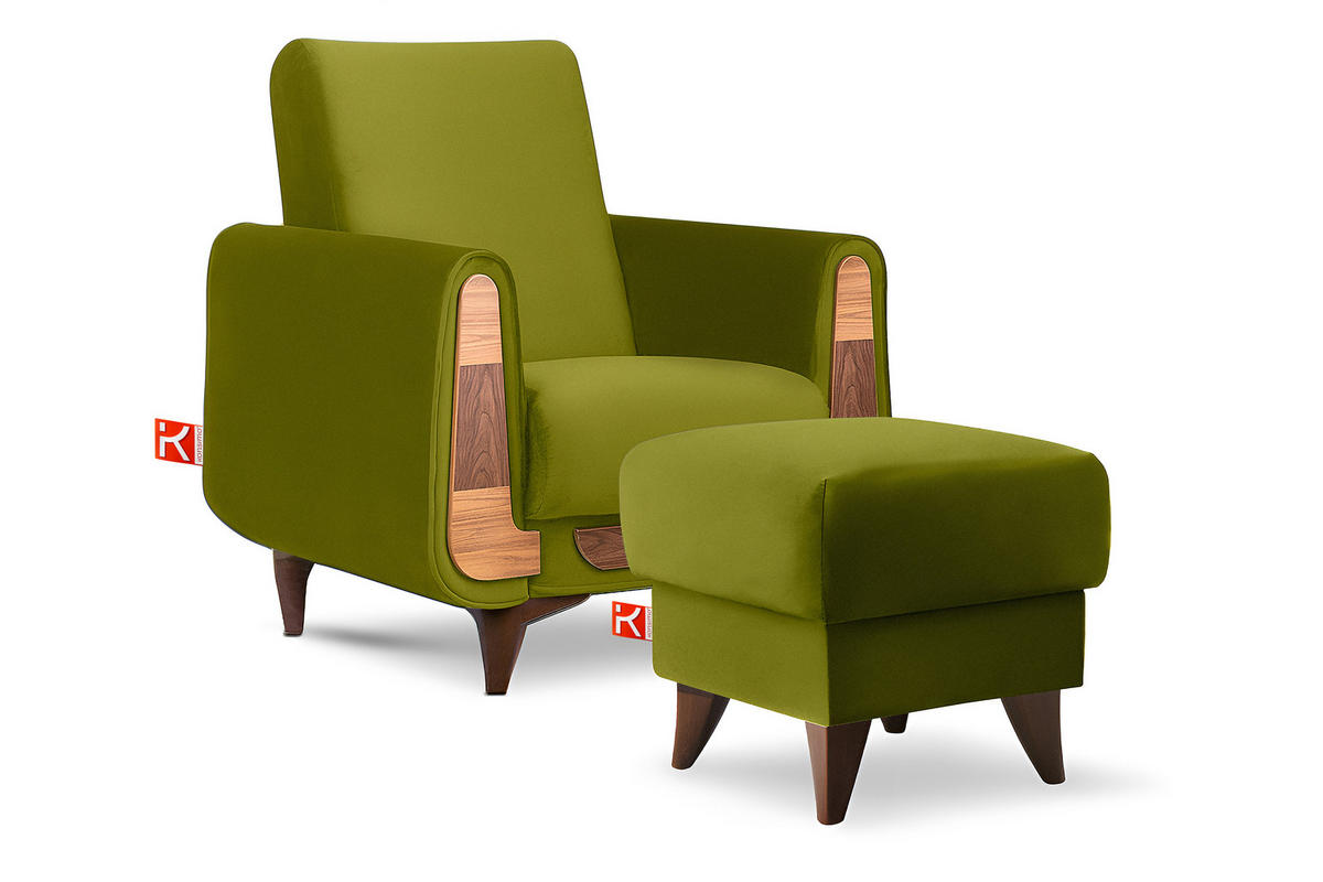 HOCKER GUSTAVO Fußstütze, Velours, Olivgrün - Olivgrün, Holz/Holzwerkstoff (53/49/53cm) - KONSIMO®