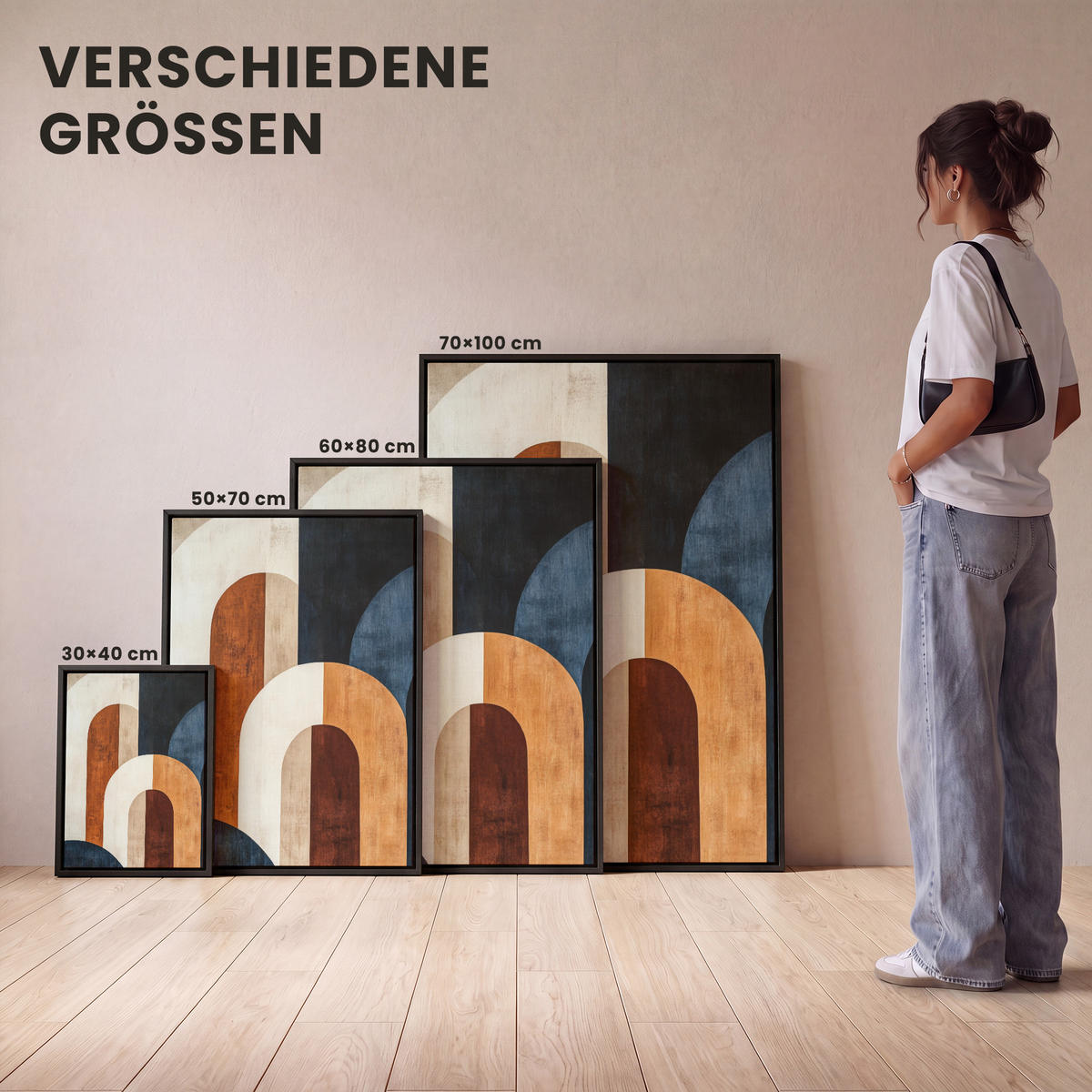 LEINWAND Bilder mit Rahmen - Abstrakt - Formen - Dunkelblau - 50x70 - Cognac, Textil (50/70cm) - MuchoWow