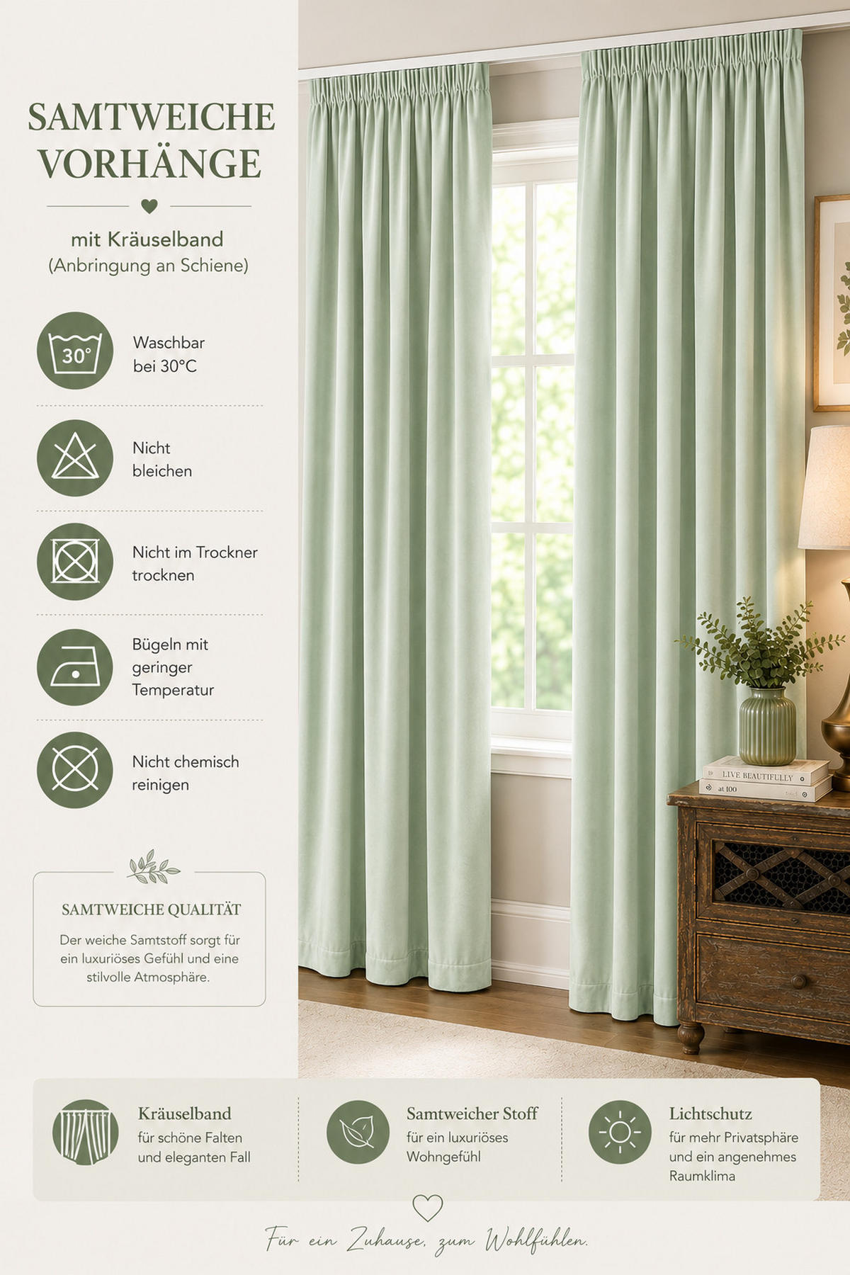 VORHANG Kräuselband Samt 140/145 cm lindgrün - Mintgrün, Textil (140/145cm) - TiborTex