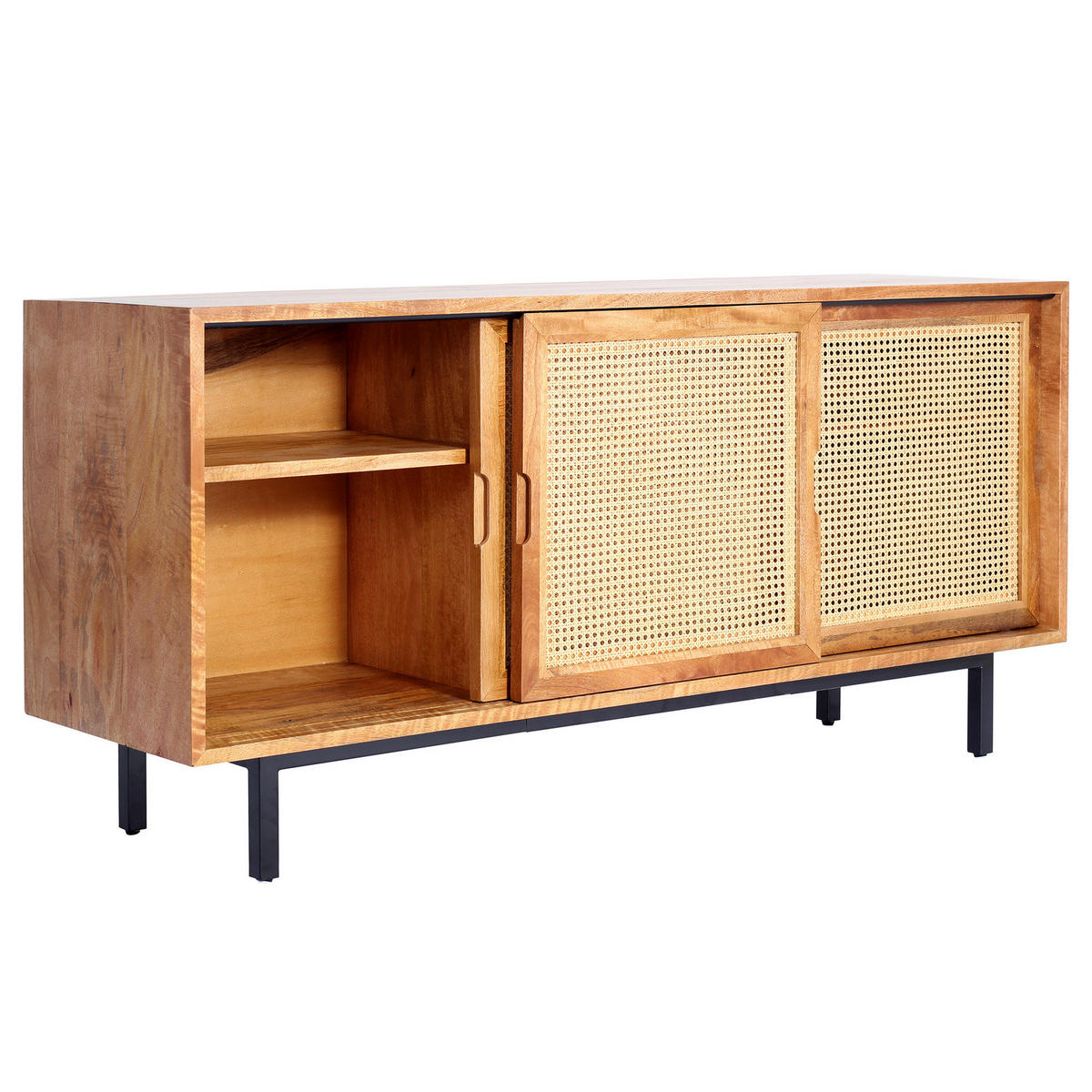 MASSIVES SIDEBOARD mit 3 Türen - Mango massiv / Wiener Geflecht - Mango / Beige - Braun, Naturmaterialien/Holz (160/75/43cm) - home24