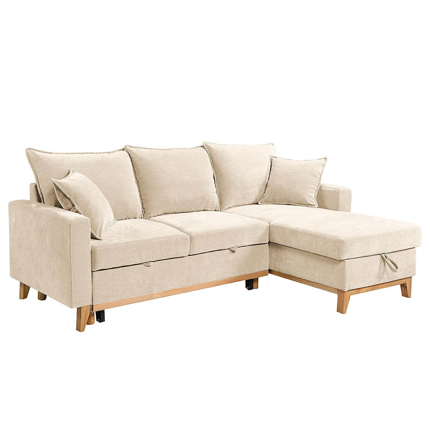 ECKSOFA mit Schlaffunktion - Flachgewebe - Hellbraun/Beige, Holz/Textil (214/145cm) - home24