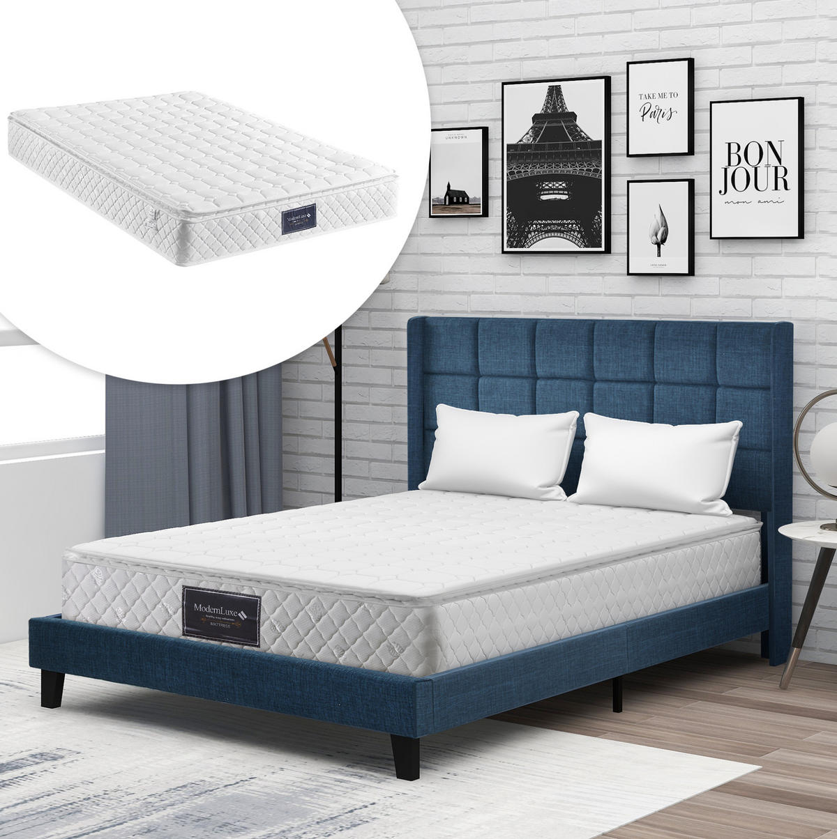 POLSTERBETT 140/200 cm Blau aus Leinen mit Matratze und Lattenrost - Blau, Textil (140/200cm) - OKMYHOME