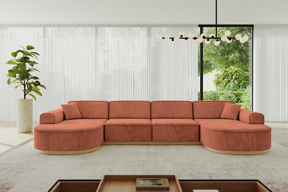 WOHNLANDSCHAFT MARI-U2-v2 - 388x171x83 cm Apricot Velours - Koralle, Holzwerkstoff/Textil (388/83/171cm) - ALTDECOR