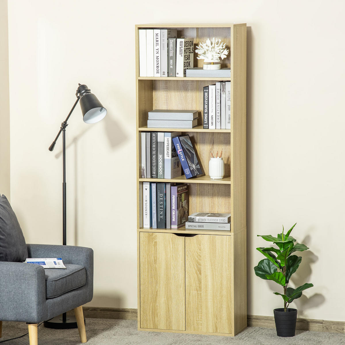AKTENREGAL DE-14464 mit 4 offenen Fächern und 2 Türen Naturholz - Naturfarben, Holzwerkstoff (29/180/59cm) - ComfortXL