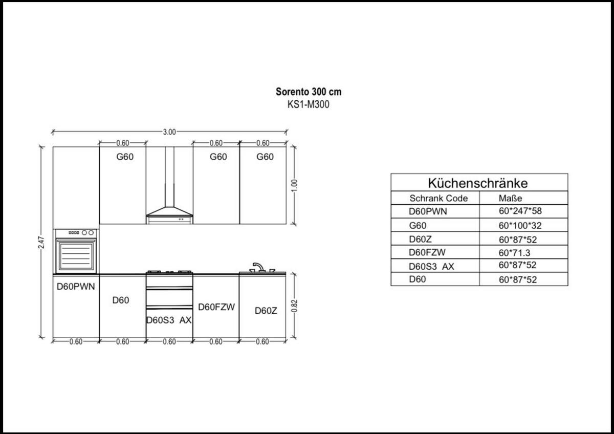 KÜCHENZEILE 300 cm - Sorento KS1-M300 - in Dunkle Eiche - Eichefarben/Dunkelbraun, Holz (300/247/58cm)