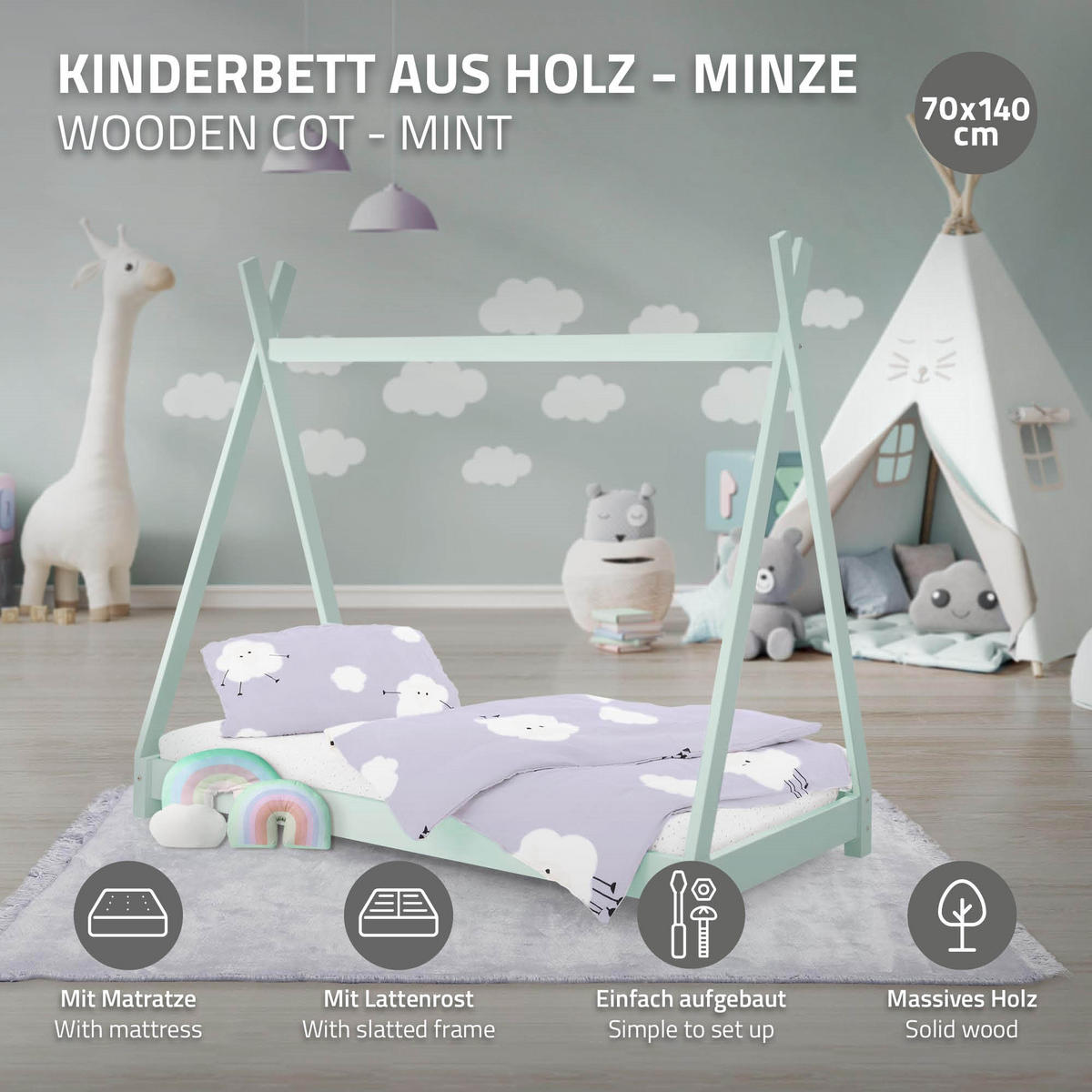 KINDERBETT Tipi mit Matratze 70x140 cm Mint - Grün, Holz (70/140cm) - ML-DESIGN