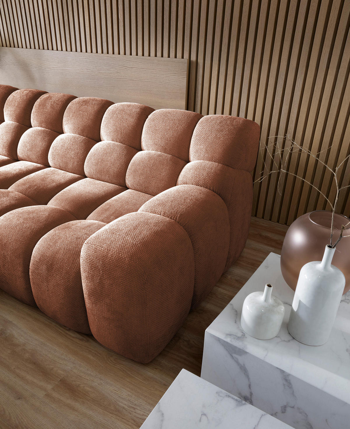 ECKSOFA CAMPILE mit elektrisch verschiebbarem Sitz, Orange, Links - Bronzefarben, Holz/Textil (119/288cm) - DomoHome