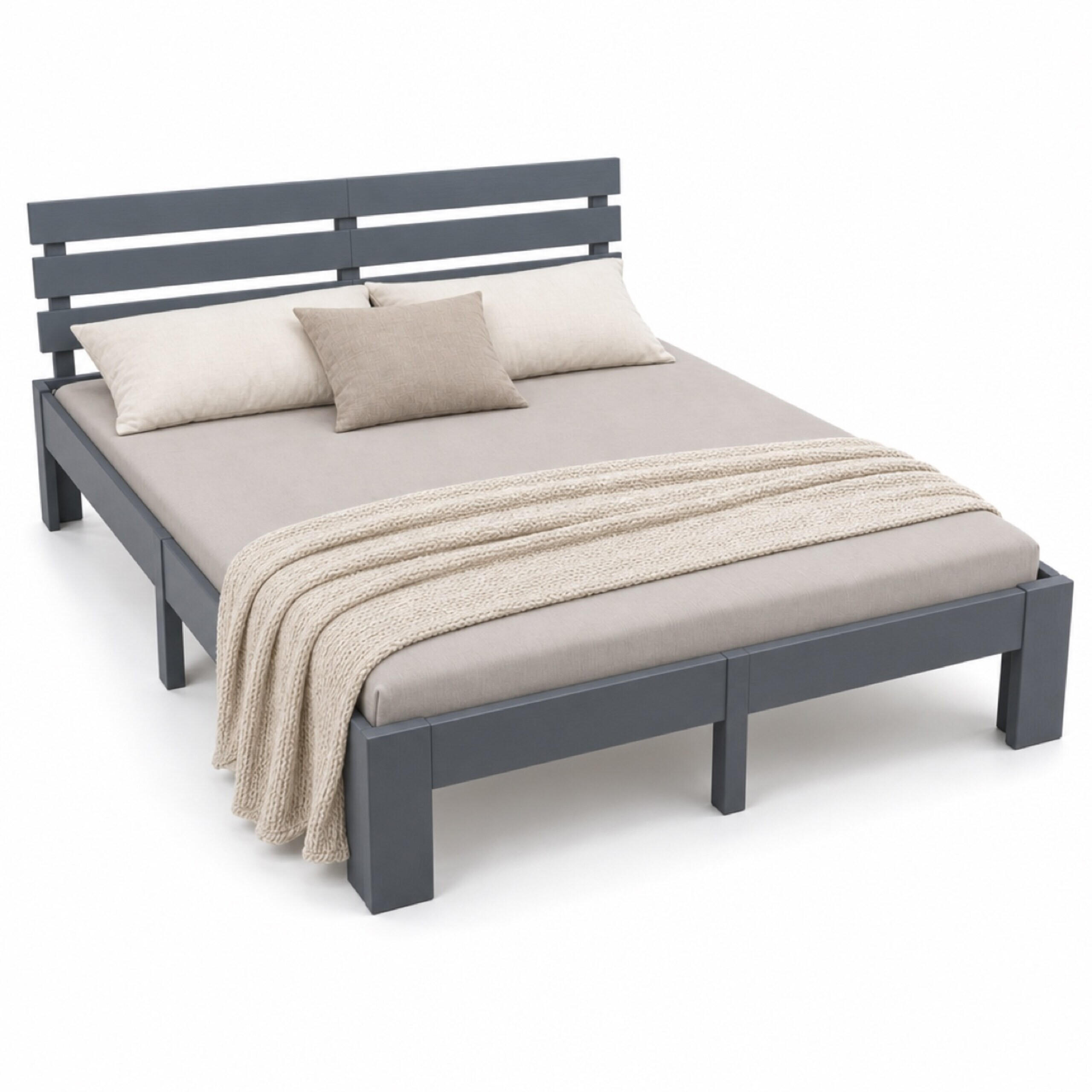 BETT Grau Massivholz mit Lattenrost 140x200 cm - Anthrazit, Holz - Relaxdays