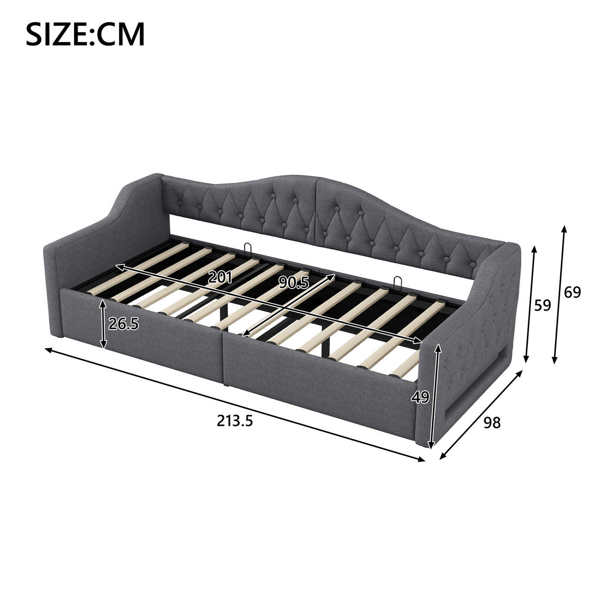 POLSTERBETT 90/200 cm Grau mit LED-Beleuchtung und Stauraum aus Leinen - Grau, Holzwerkstoff (90/200cm) - OKWISH