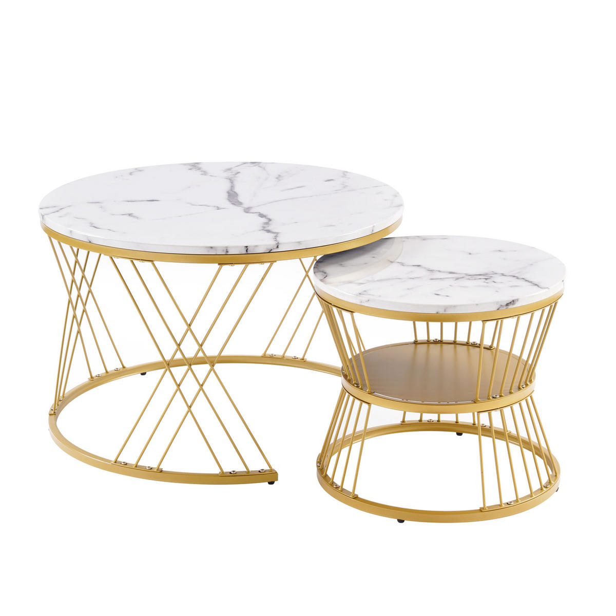 COUCHTISCH Set 2-teilig rund Weiß/Gold 70/70/45 cm + 45/45/40 cm - Goldfarben/Weiß, Holzwerkstoff (70/70/45cm)