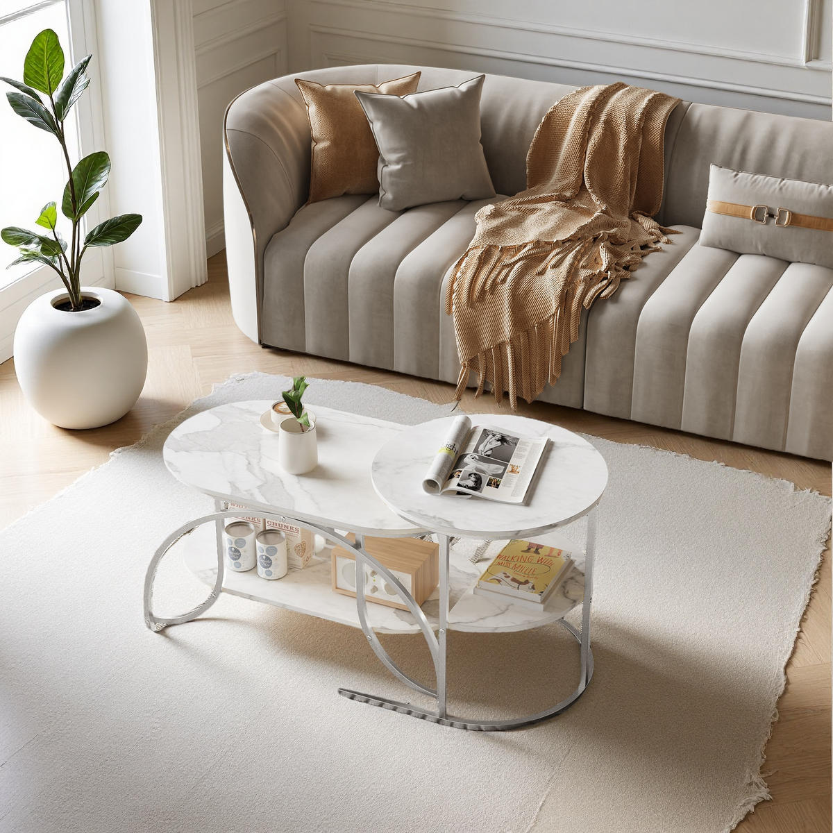 COUCHTISCH 2er Set Rund Marmor Metallbeine - Weiß, Metall (80/46/51cm) - SHOPENTRA