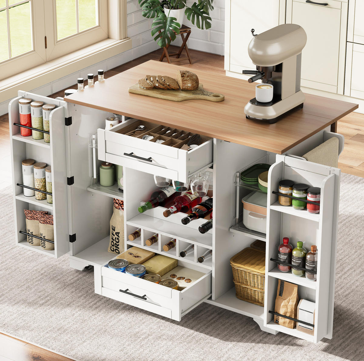 KÜCHENINSEL 138x70x92cm Weiß mit Ausziehplatte, Weinregal, Schubladen & Rollen - Weiß, Holzwerkstoff (138/92/70cm) - Modfu