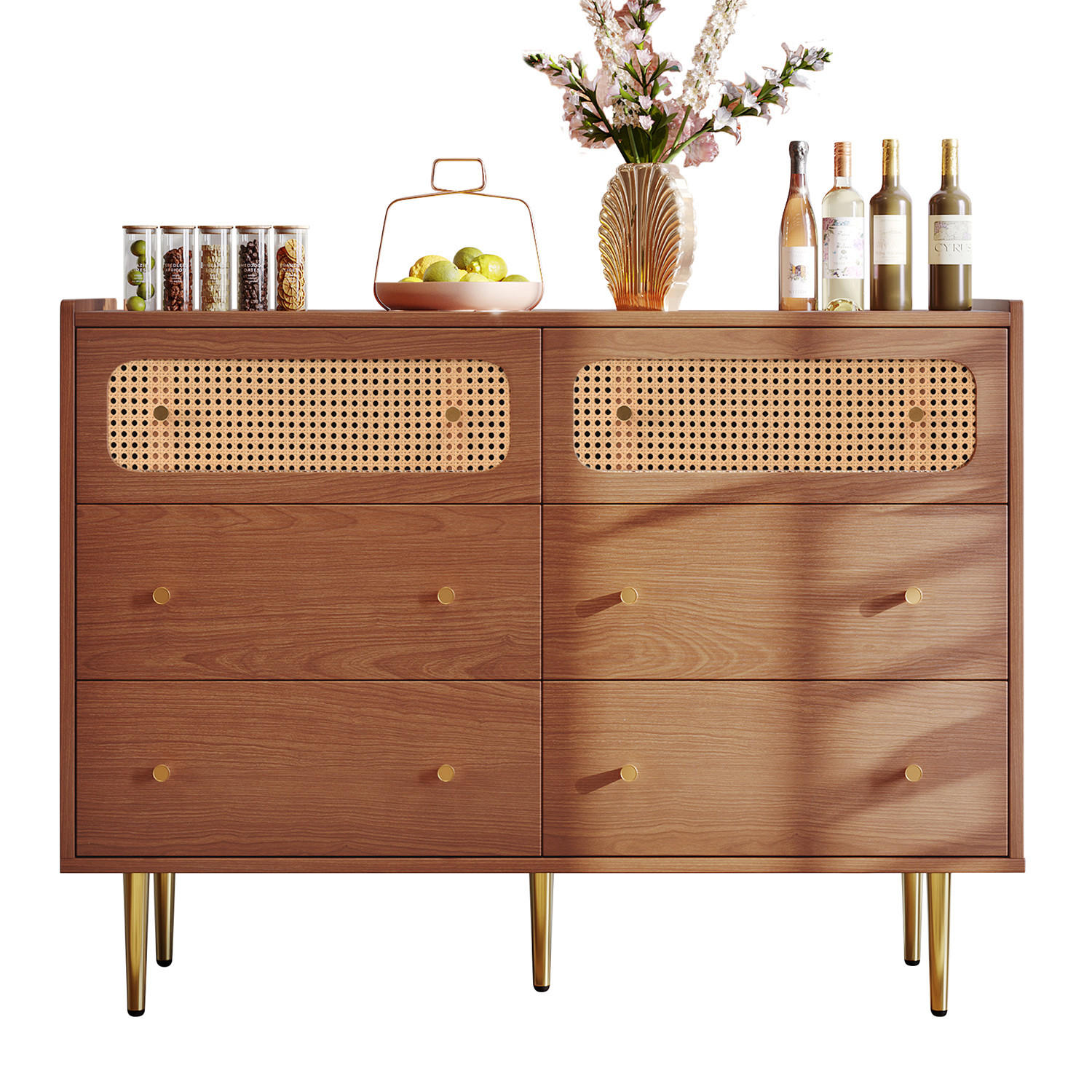 KOMMODE Nussbaum 120x90x40 cm Rattan 6 Schubladen - Walnussfarben, Holz (40/90/120cm) - Kaket