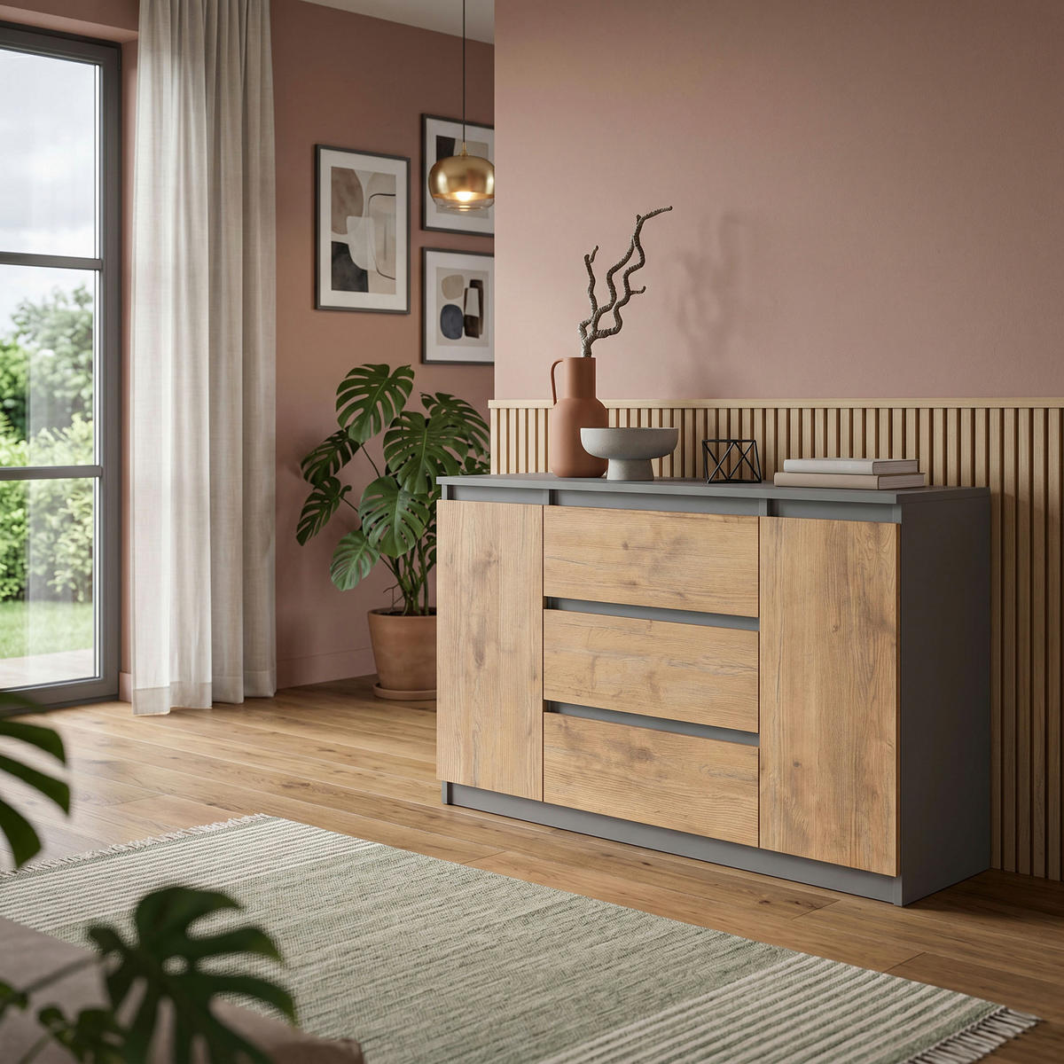 KOMMODE NUDO 120/78,5/39cm mit 3 Schubladen 2 Türen Anthrazit - Eichefarben/Anthrazit, Holzwerkstoff (120/78.5/39cm) - MASSENO