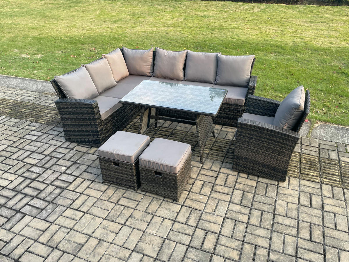 GARTENLOUNGE mit Ecksofa Polyrattan Dunkelgrau 9-Sitzer - Dunkelgrau/Grau, Glas/Kunststoff - Fimous