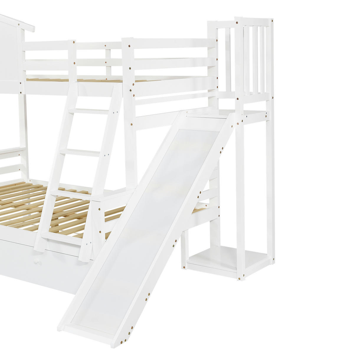 ETAGENBETT 90/200+120/200 mit Rutsche, Schubladen und Fenster in Weiß - Weiß, Holz/Holzwerkstoff (90/200cm) - EVRYAE
