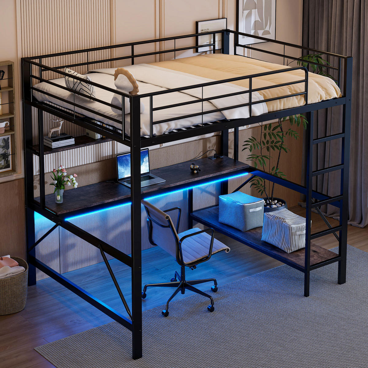 HOCHBETT 140/200 cm mit Schreibtisch, Regal, USB, Steckdose und LED-Beleuchtung, Metall, Schwarz - Schwarz, Metall (140/200cm) - Redom