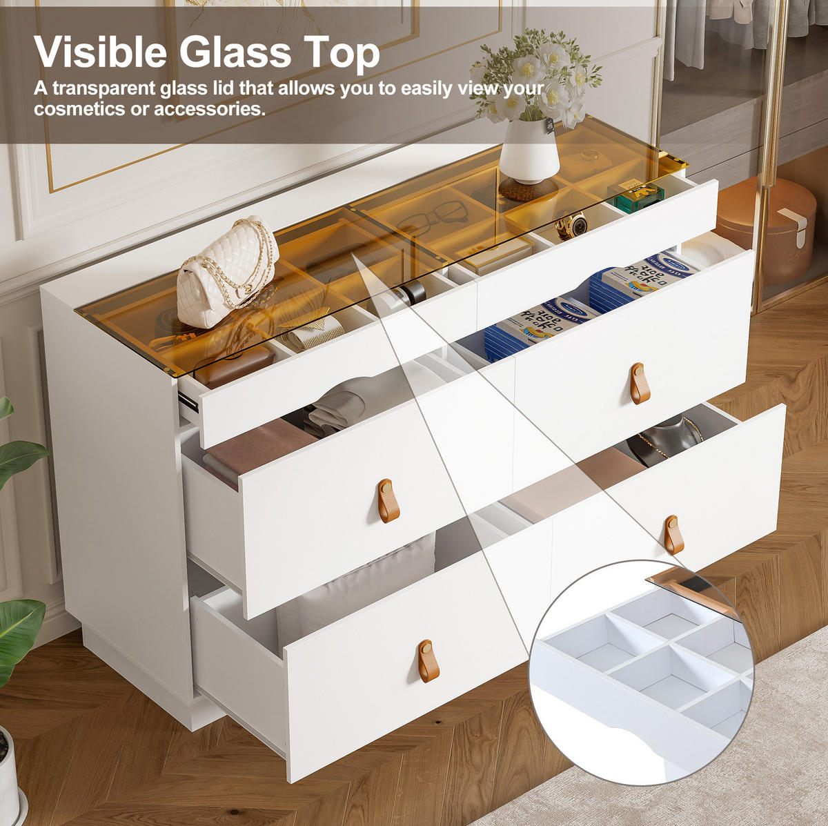 SIDEBOARD 120/78/40 cm Weiß aus Glas und Spanplatte mit 6 Schubladen - Weiß, Glas (40/78/120cm) - OKMYHOME