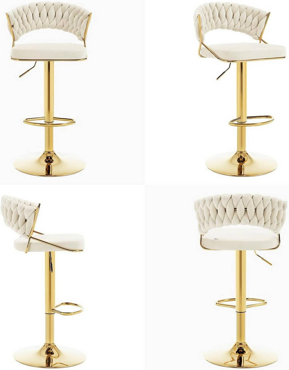 BARHOCKER mit geflochtener Rückenlehne, Samt, Creme - Goldfarben/Creme, Textil/Metall (48/83/46.5cm) - Woltu
