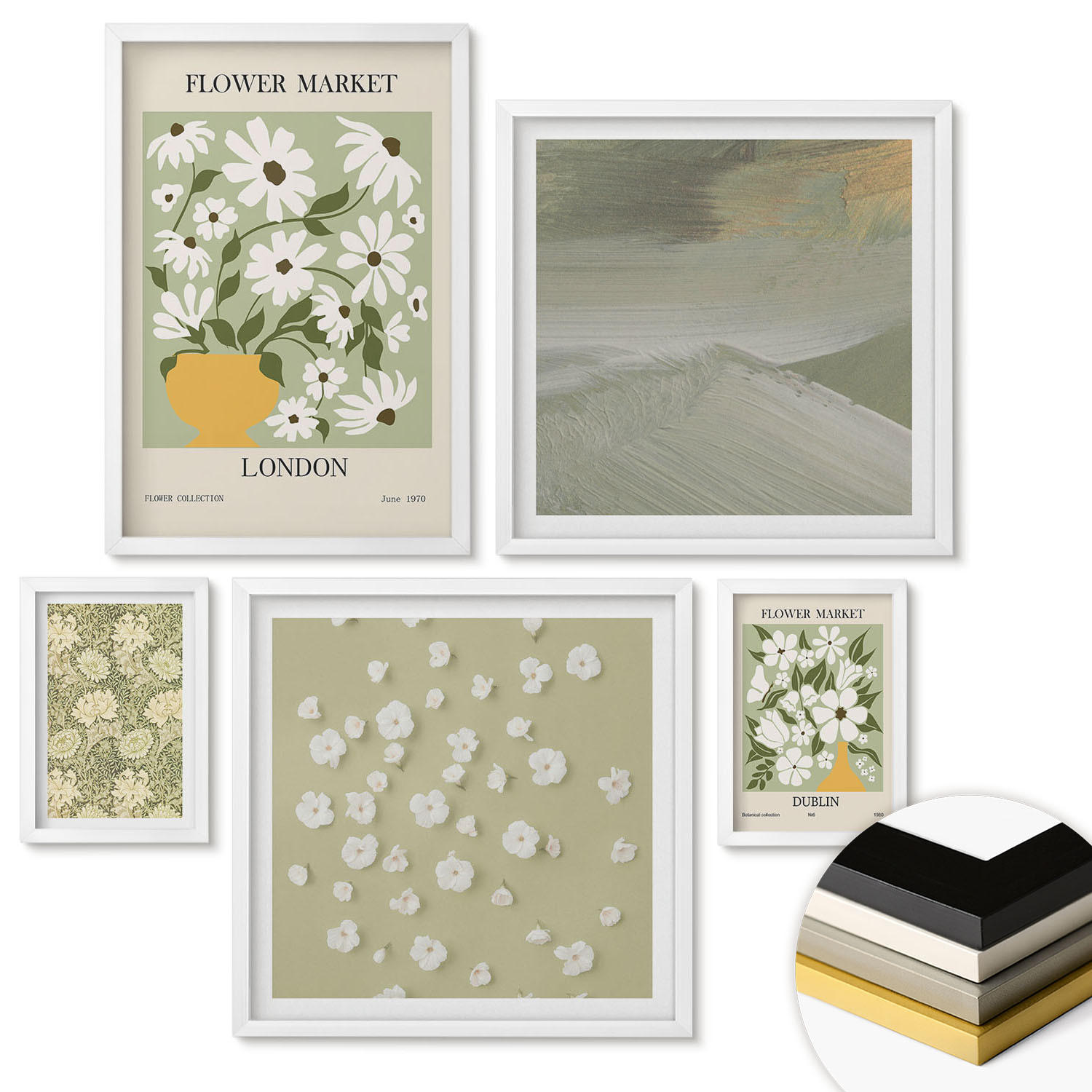 WANDBILDER 5er-Set - 50x50 cm & 20x30 cm & 40x60 cm Weißer Rahmen - Florale Abstraktionen im Boho-Stil - Weiß, Kunststoff (40/60cm) - ArtPrintCave