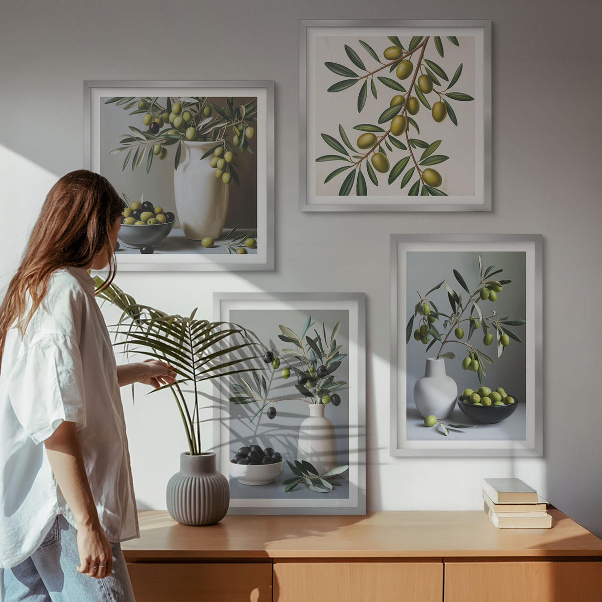WANDBILDER 4er Set - 50x50 cm & 40x60 cm Silberner Rahmen - Oliven in Vasen in gedeckten Farben - Silberfarben, Kunststoff (50/50cm) - ArtPrintCave