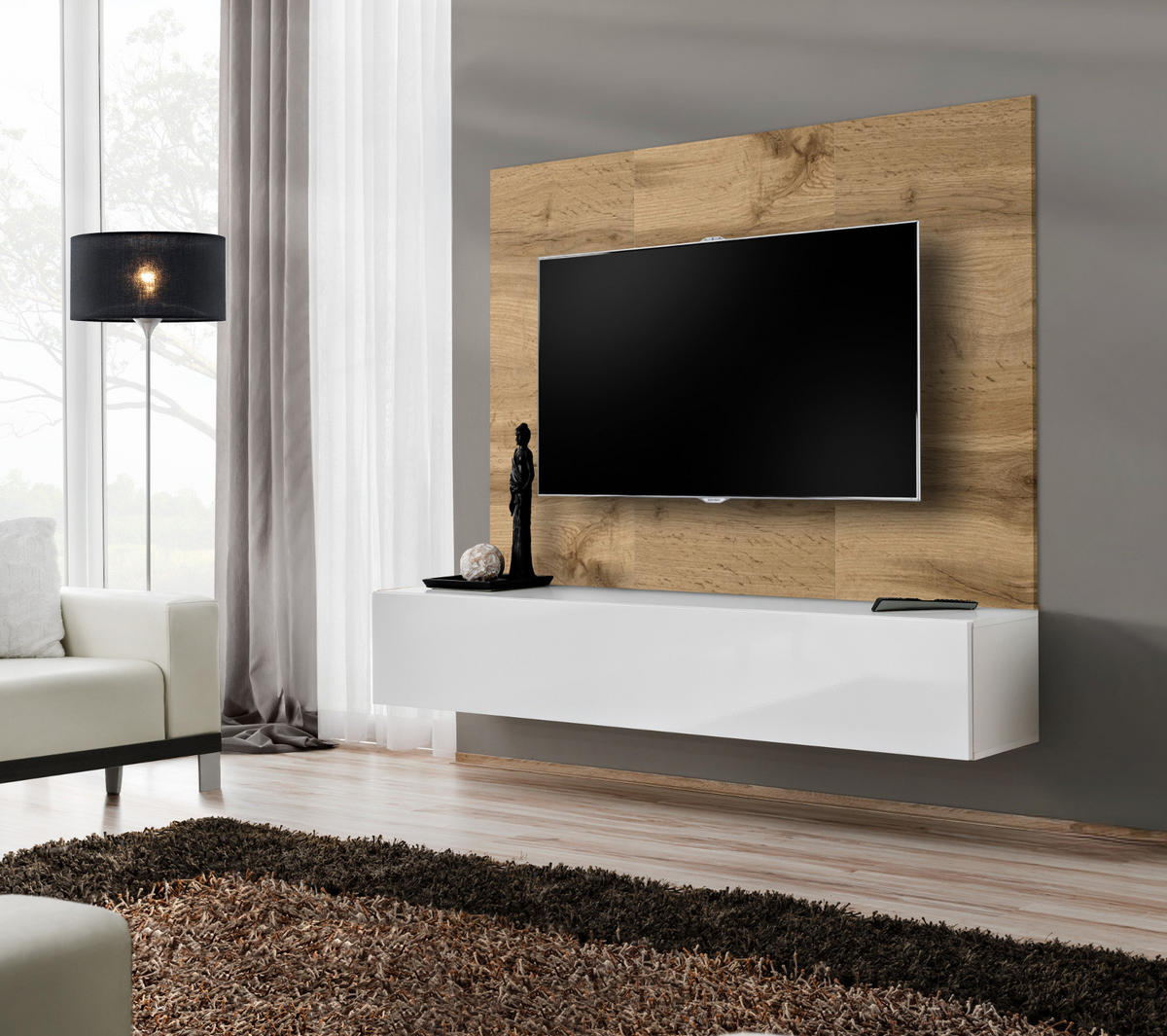 TV-LOWBOARD Eiche Wotan und weiß 180 cm, Set hängend inklusive Akustikpaneel - Eiche Wotan/Weiß, Holzwerkstoff (180/148/40cm) - Inn.Furn