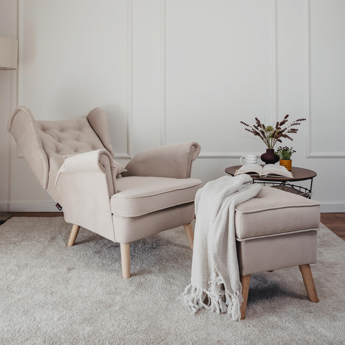 SESSEL mit Fußhocker Classic - Beige, Holz (92/107/80cm) - Idohome