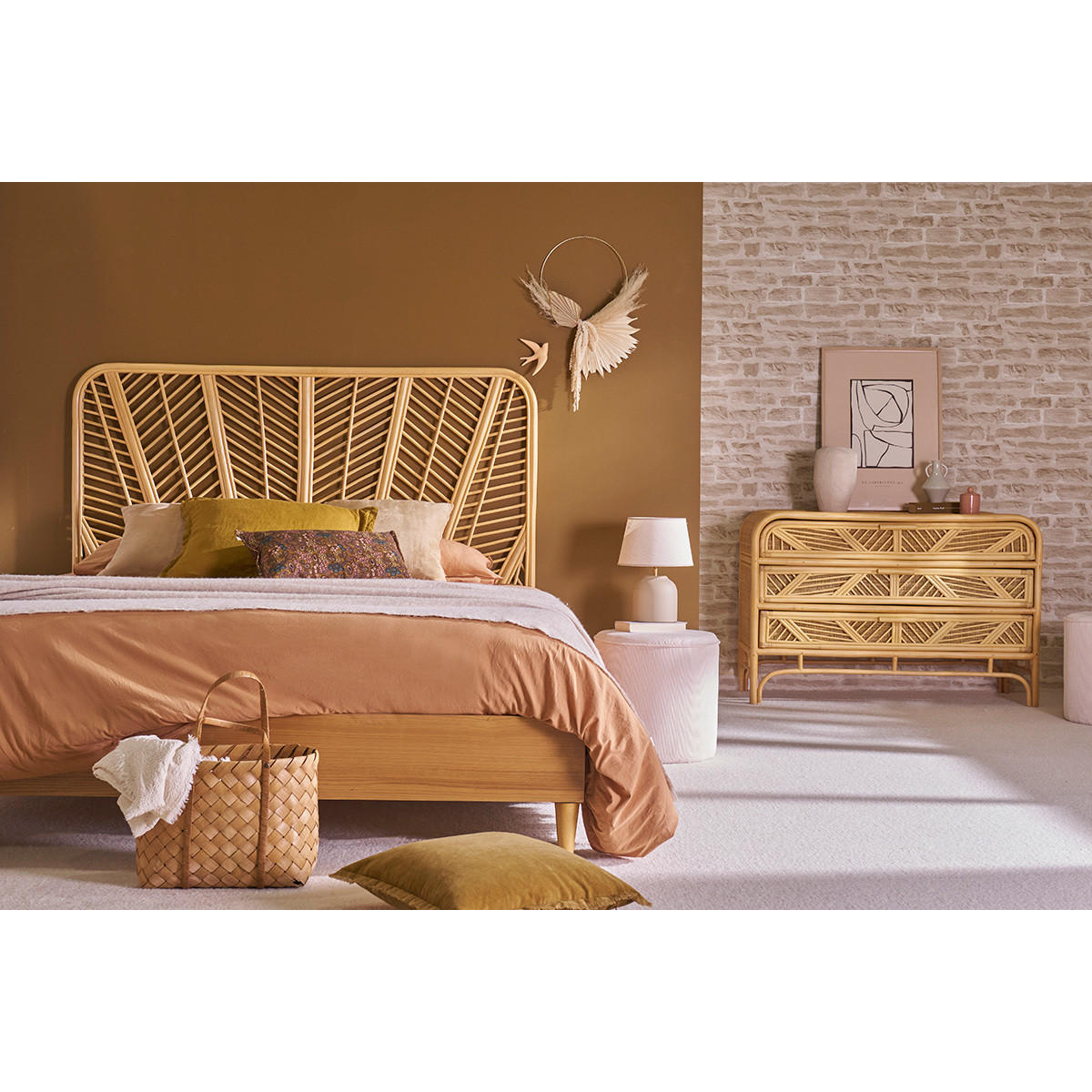 KOMMODE Rattan 3 Schubladen GALON - Eiche Bianco, Holz (50/80/120cm) - Miliboo